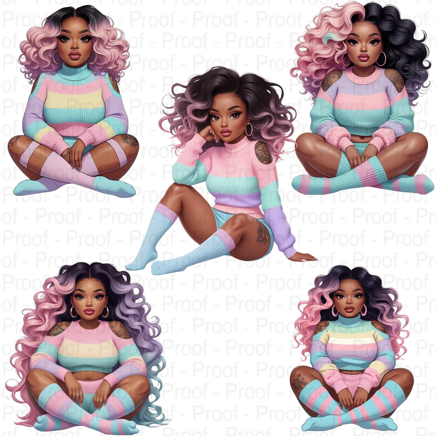 Pastel Candy Vibes Black Girl PNG Bundle – 5 High-Res Transparent Digital Files for Sublimation, T-Shirts, Tote Bags, Mugs, & Wall Art Digital File Style-Junction Custom Designs & Prints