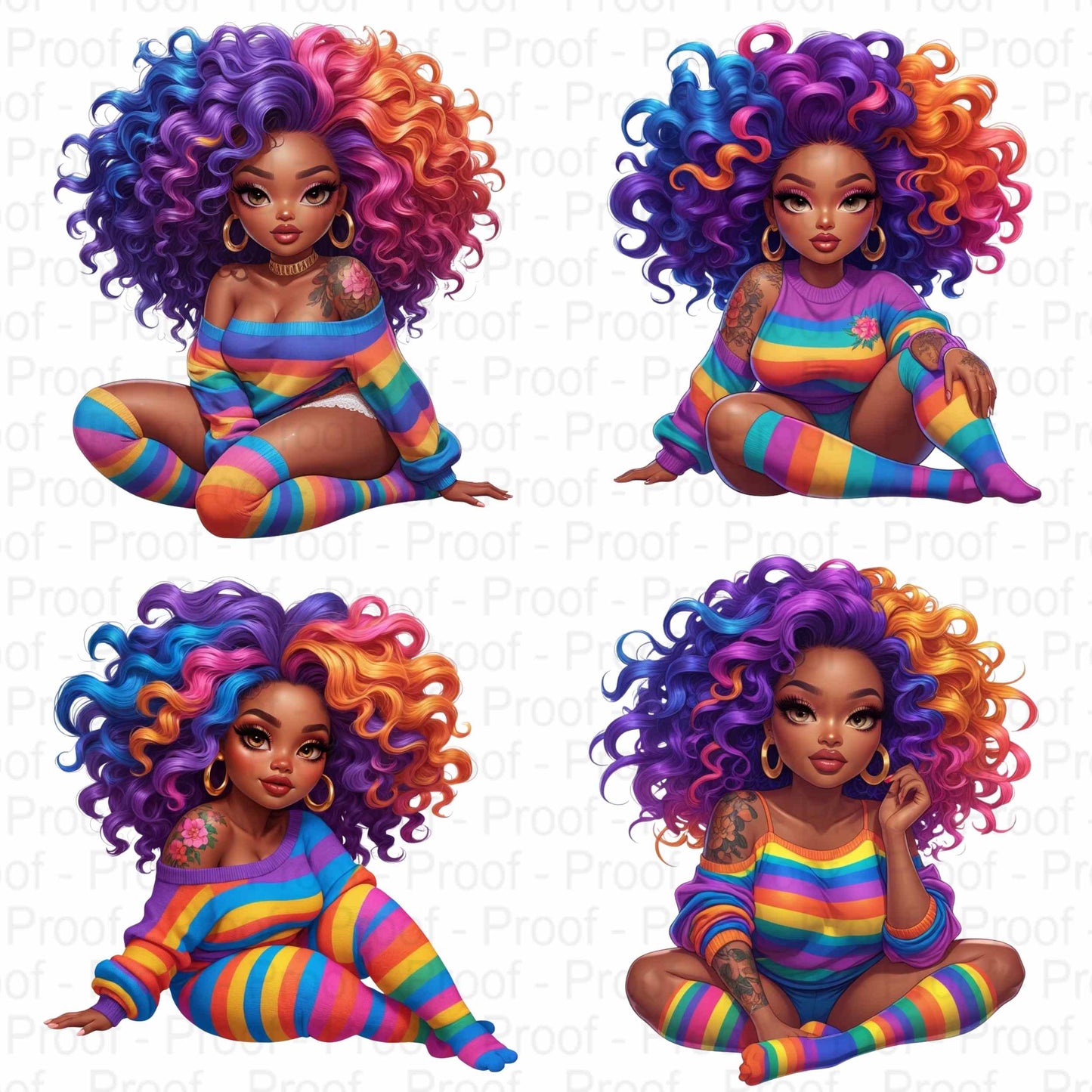 Rainbow Curls & Curves PNG Bundle | 8 Bold Black Women Clipart for Sublimation – High-Res Transparent Files for Shirts, Mugs More Digital File Style-Junction Custom Designs & Prints