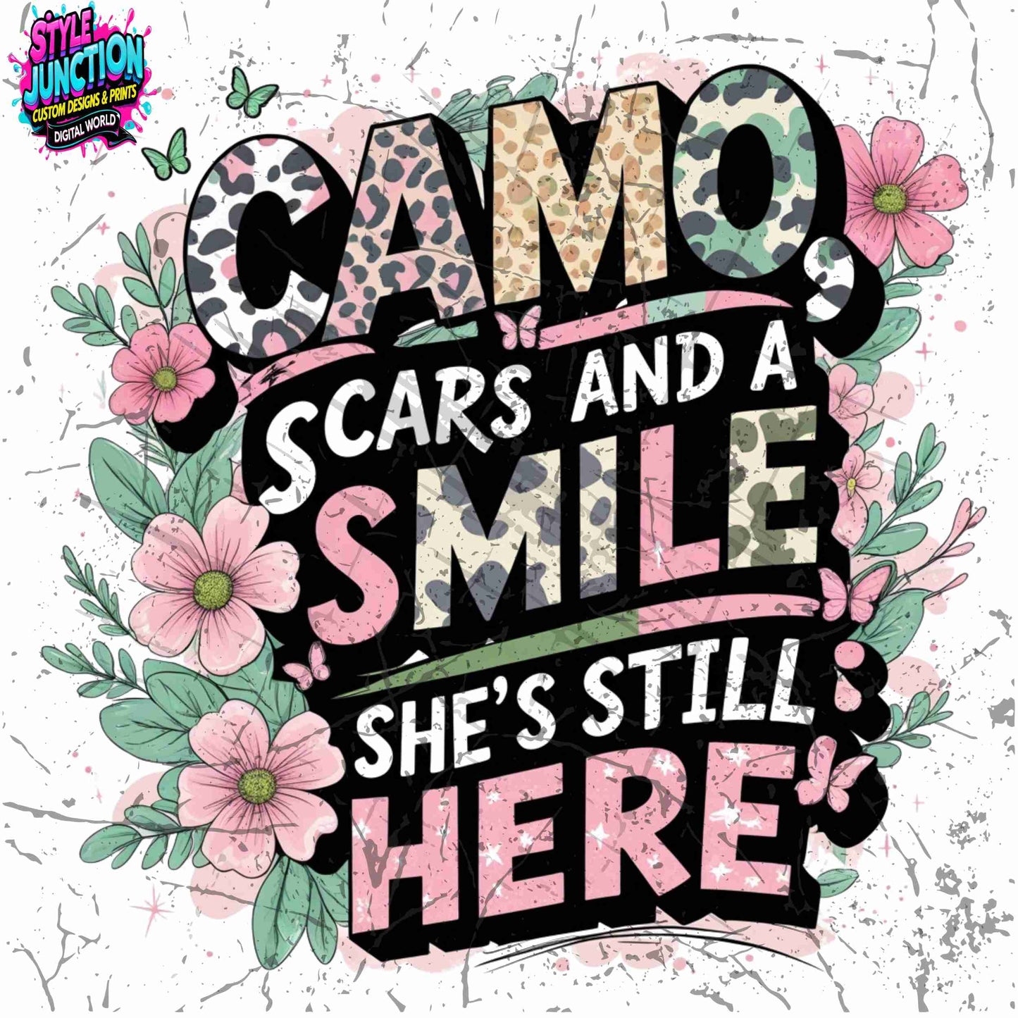 Camo Scars and a Smile PNG | Pastel Animal Print Floral Sublimation Design | High-Res Transparent File for T-Shirts, Mugs, Apparel & More Digital File Style-Junction Custom Designs & Prints