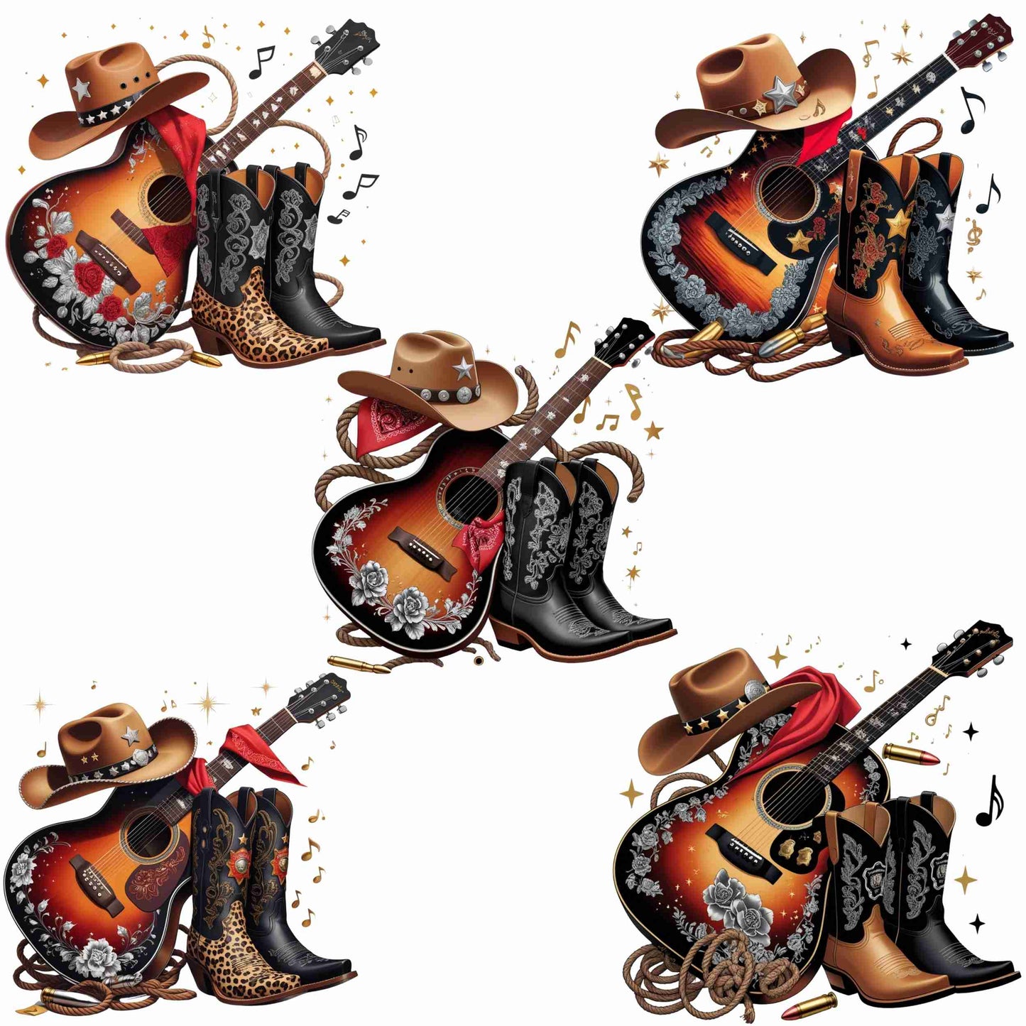 Western Cowgirl Guitar PNG Bundle – 5 High-Res Clipart Files for Sublimation | Transparent Background for T-Shirts, Mugs, Wall Art & More Digital File Style-Junction Custom Designs & Prints