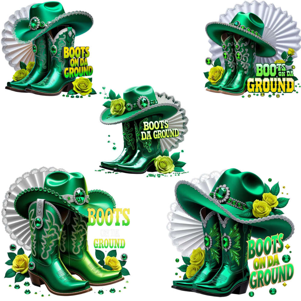 Boots On Da Ground Green PNG Bundle | 5 High-Res Transparent Cowgirl Clipart Files for Sublimation on T-Shirts, Mugs, Tote Bags & More Digital File Style-Junction Custom Designs & Prints
