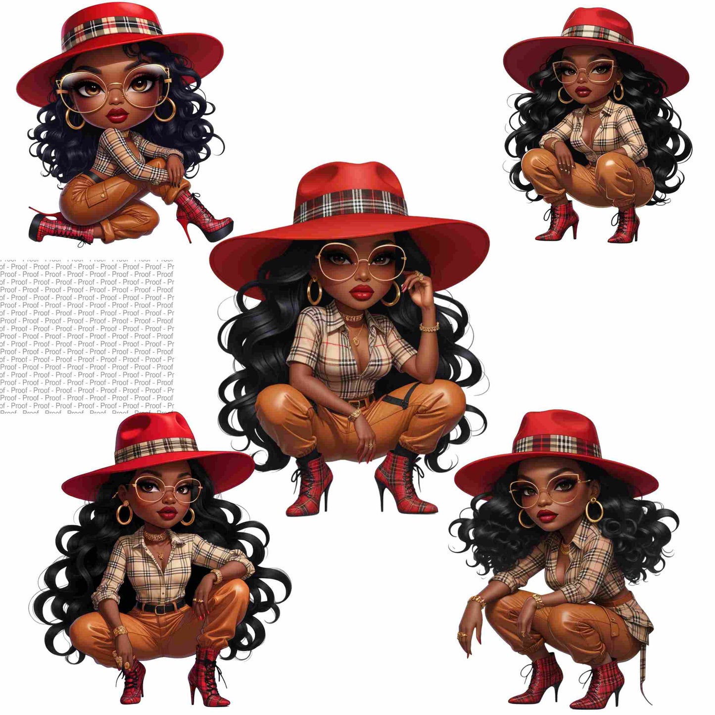 Luxury Plaid Diva PNG Bundle – 5 High-Res Fashion Clipart Files | Black Girl Digital Art for Sublimation, Apparel, Tote Bags Digital File Style-Junction Custom Designs & Prints