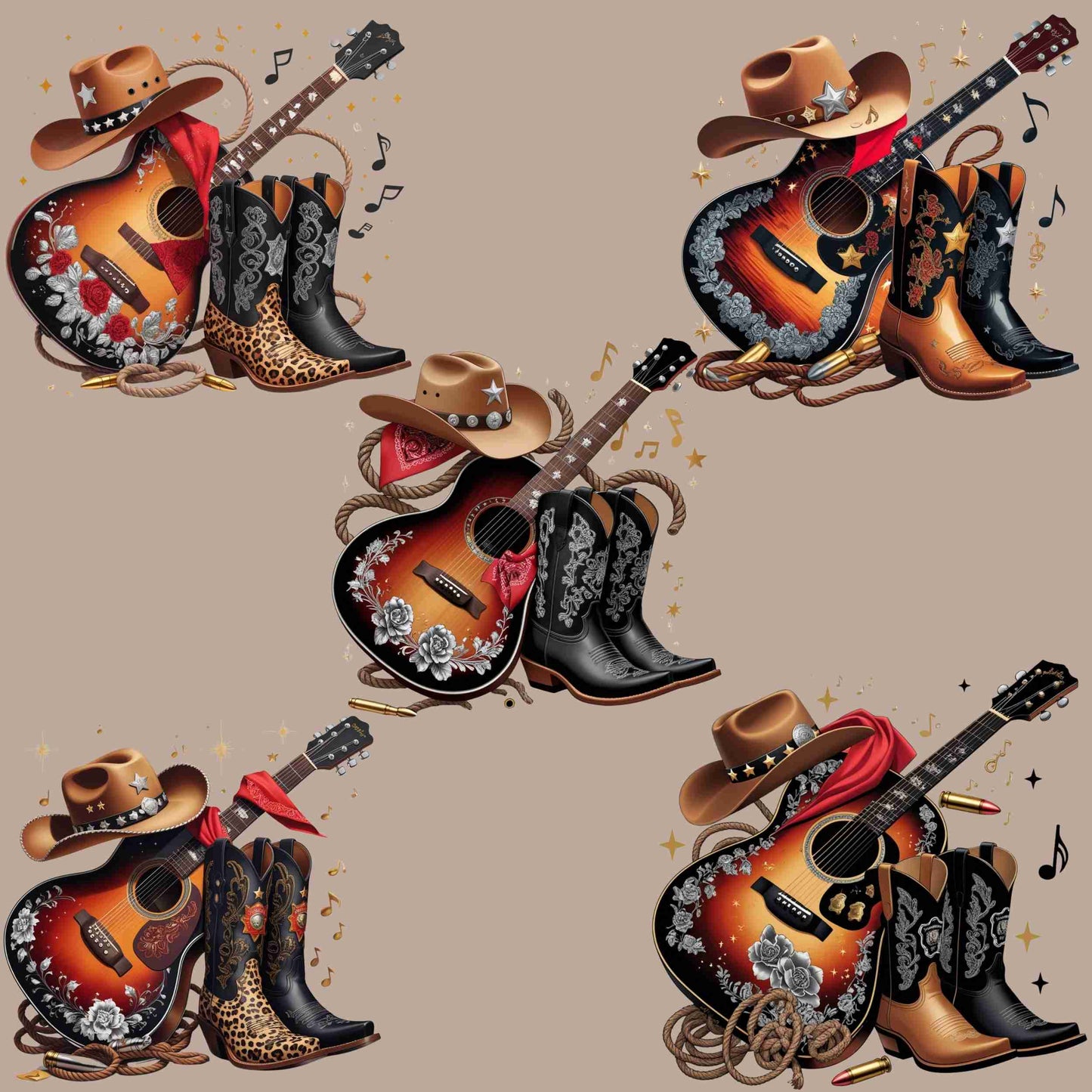 Western Cowgirl Guitar PNG Bundle – 5 High-Res Clipart Files for Sublimation | Transparent Background for T-Shirts, Mugs, Wall Art & More Digital File Style-Junction Custom Designs & Prints