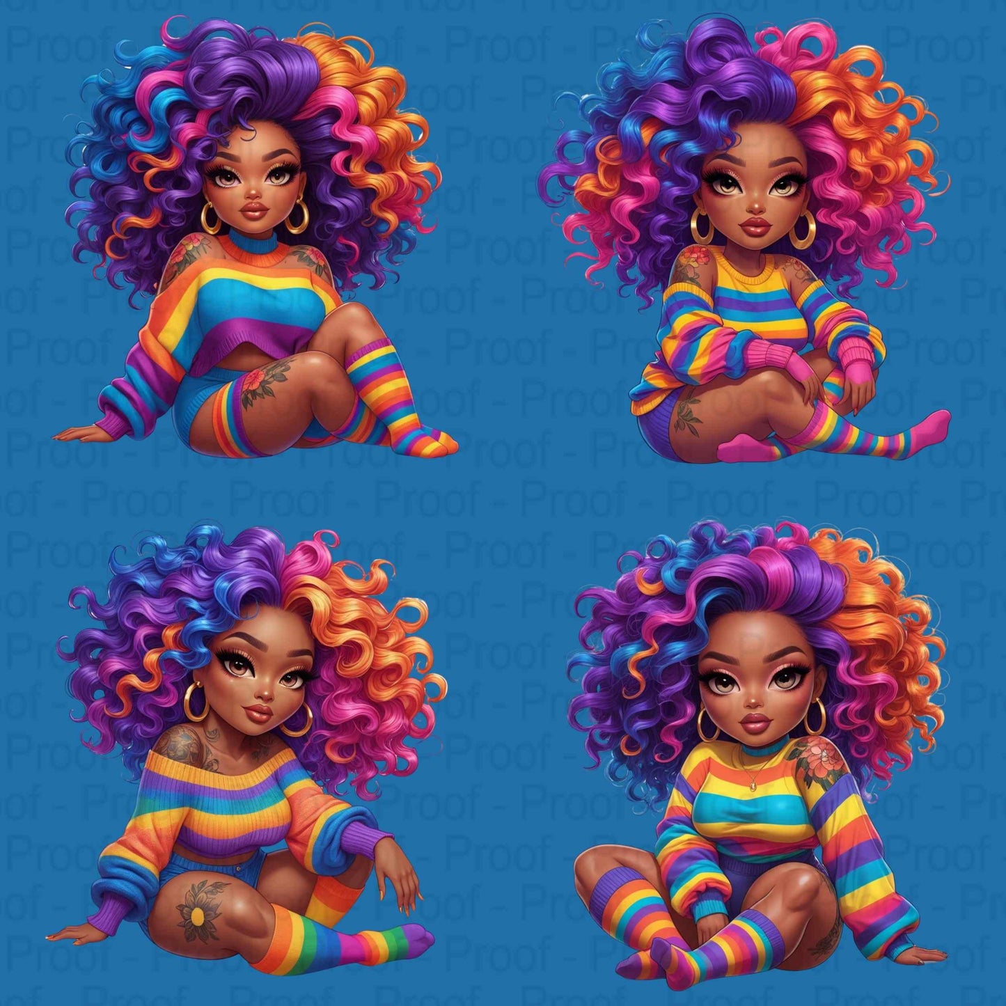 Rainbow Curls & Curves PNG Bundle | 8 Bold Black Women Clipart for Sublimation – High-Res Transparent Files for Shirts, Mugs More Digital File Style-Junction Custom Designs & Prints