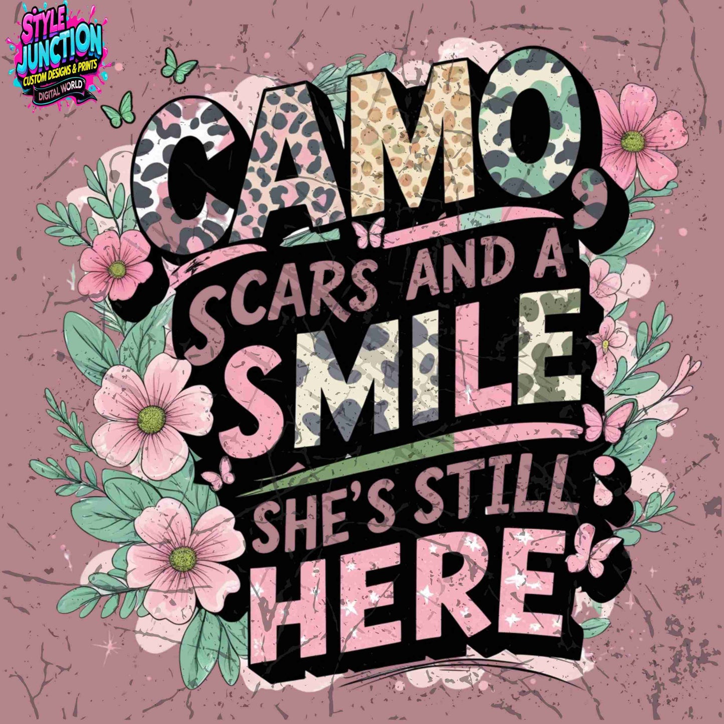 Camo Scars and a Smile PNG | Pastel Animal Print Floral Sublimation Design | High-Res Transparent File for T-Shirts, Mugs, Apparel & More Digital File Style-Junction Custom Designs & Prints