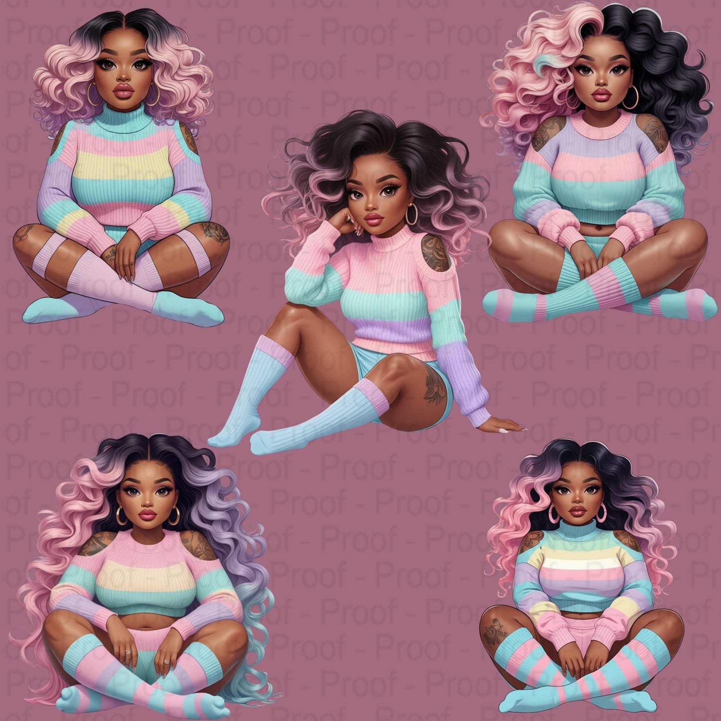 Pastel Candy Vibes Black Girl PNG Bundle – 5 High-Res Transparent Digital Files for Sublimation, T-Shirts, Tote Bags, Mugs, & Wall Art Digital File Style-Junction Custom Designs & Prints