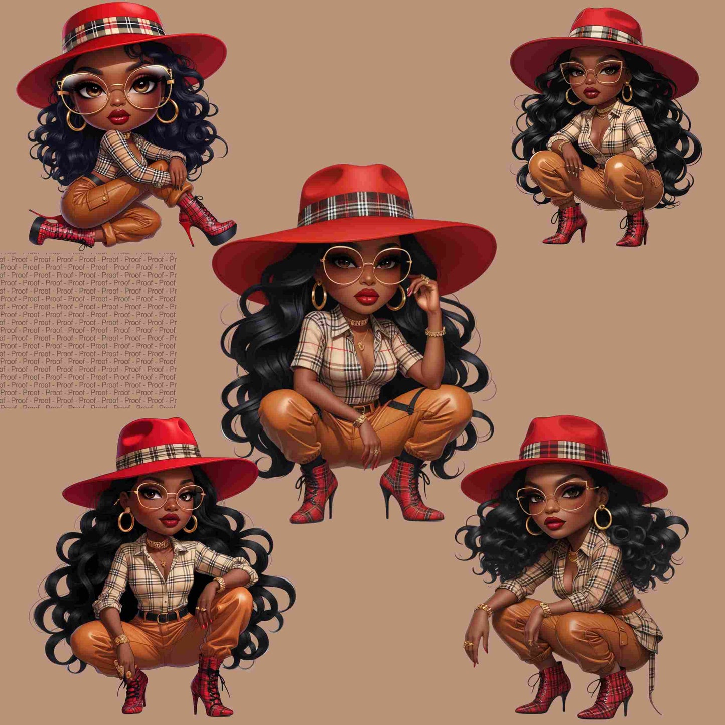 Luxury Plaid Diva PNG Bundle – 5 High-Res Fashion Clipart Files | Black Girl Digital Art for Sublimation, Apparel, Tote Bags Digital File Style-Junction Custom Designs & Prints