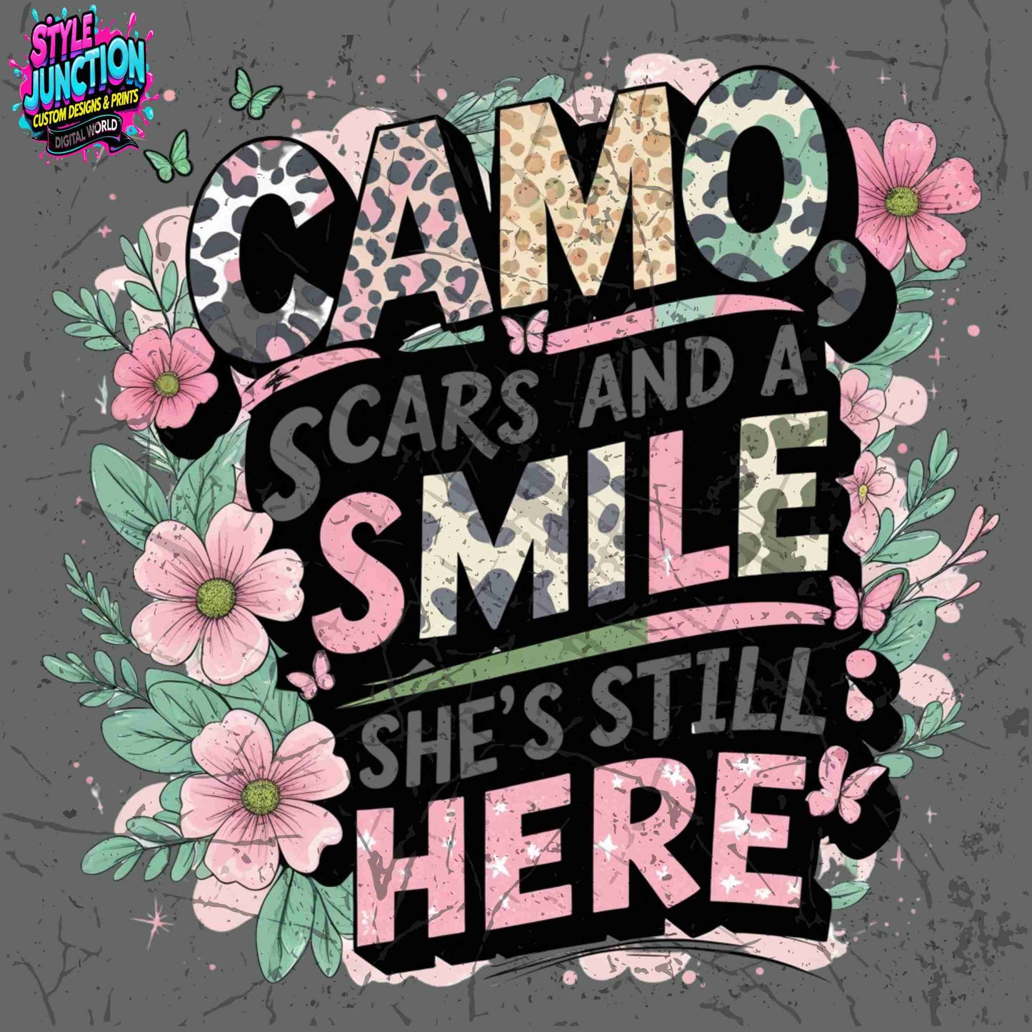 Camo Scars and a Smile PNG | Pastel Animal Print Floral Sublimation Design | High-Res Transparent File for T-Shirts, Mugs, Apparel & More Digital File Style-Junction Custom Designs & Prints