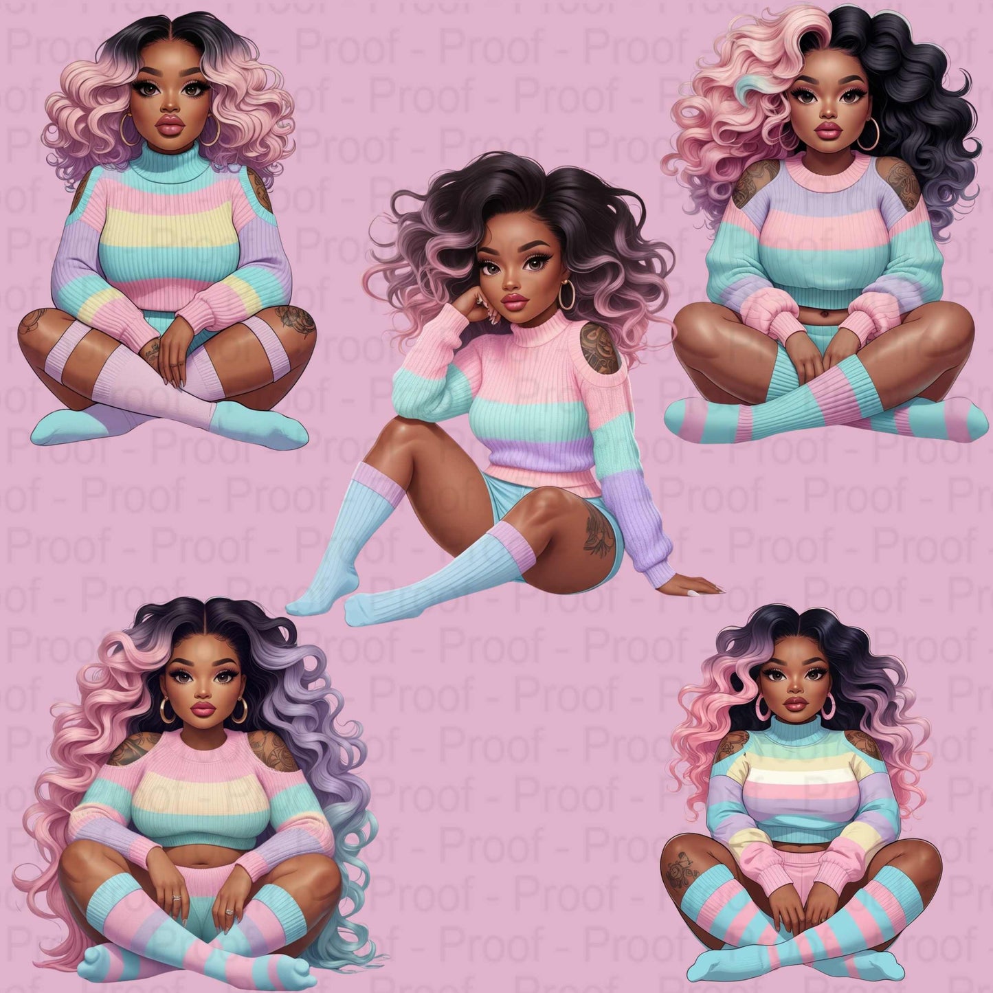 Pastel Candy Vibes Black Girl PNG Bundle – 5 High-Res Transparent Digital Files for Sublimation, T-Shirts, Tote Bags, Mugs, & Wall Art Digital File Style-Junction Custom Designs & Prints