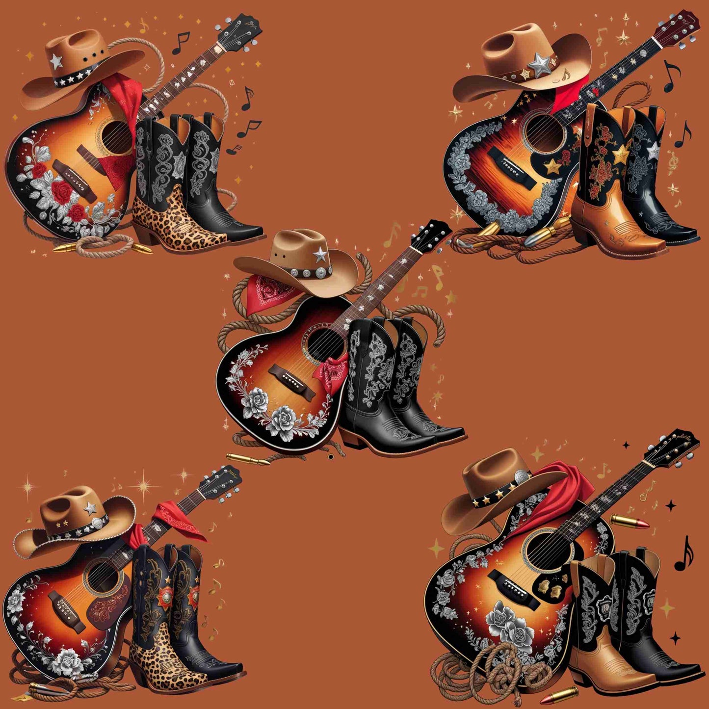 Western Cowgirl Guitar PNG Bundle – 5 High-Res Clipart Files for Sublimation | Transparent Background for T-Shirts, Mugs, Wall Art & More Digital File Style-Junction Custom Designs & Prints