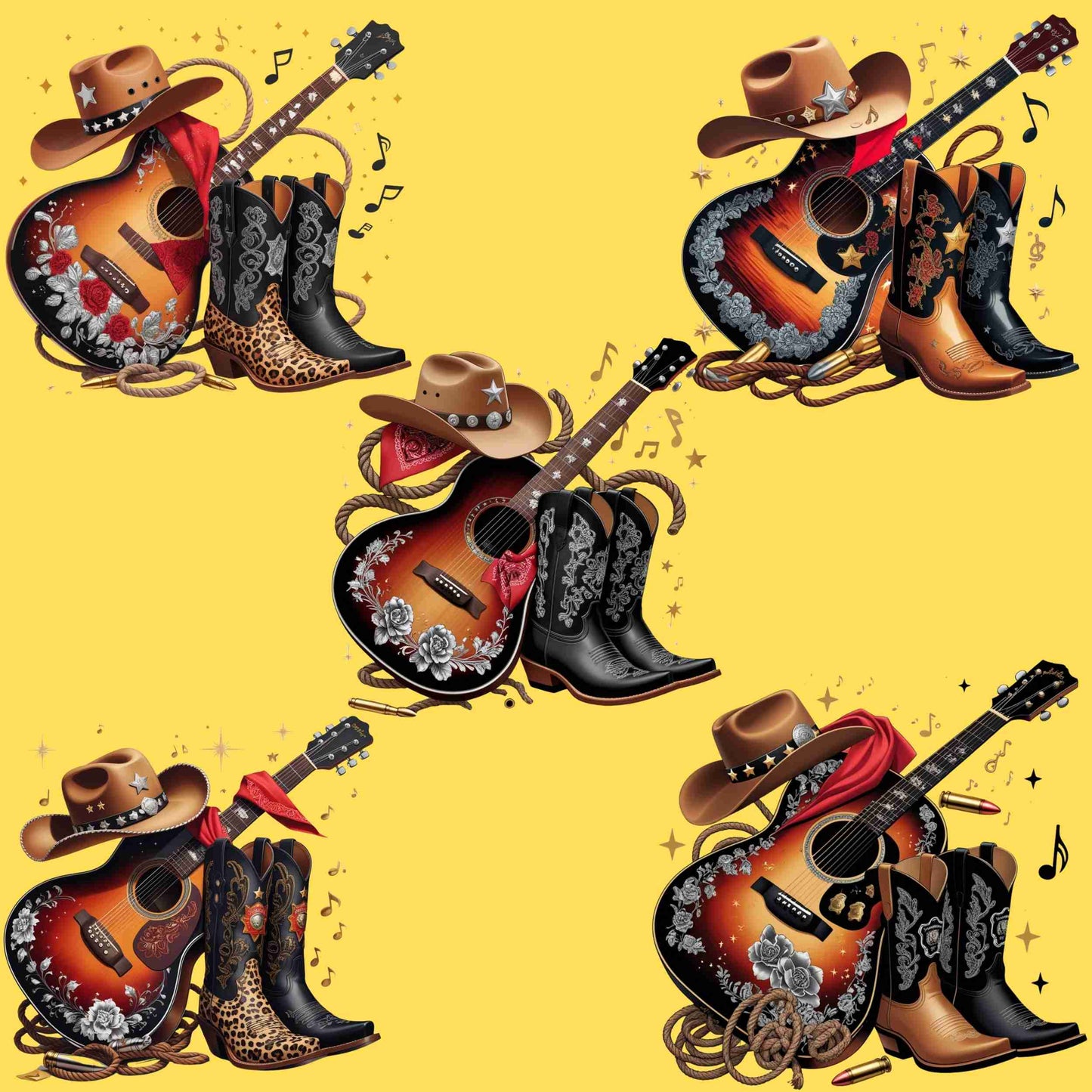 Western Cowgirl Guitar PNG Bundle – 5 High-Res Clipart Files for Sublimation | Transparent Background for T-Shirts, Mugs, Wall Art & More Digital File Style-Junction Custom Designs & Prints