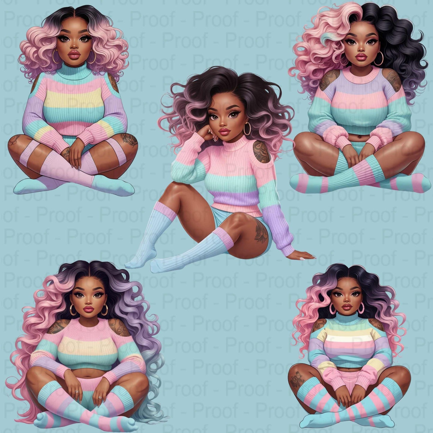 Pastel Candy Vibes Black Girl PNG Bundle – 5 High-Res Transparent Digital Files for Sublimation, T-Shirts, Tote Bags, Mugs, & Wall Art Digital File Style-Junction Custom Designs & Prints