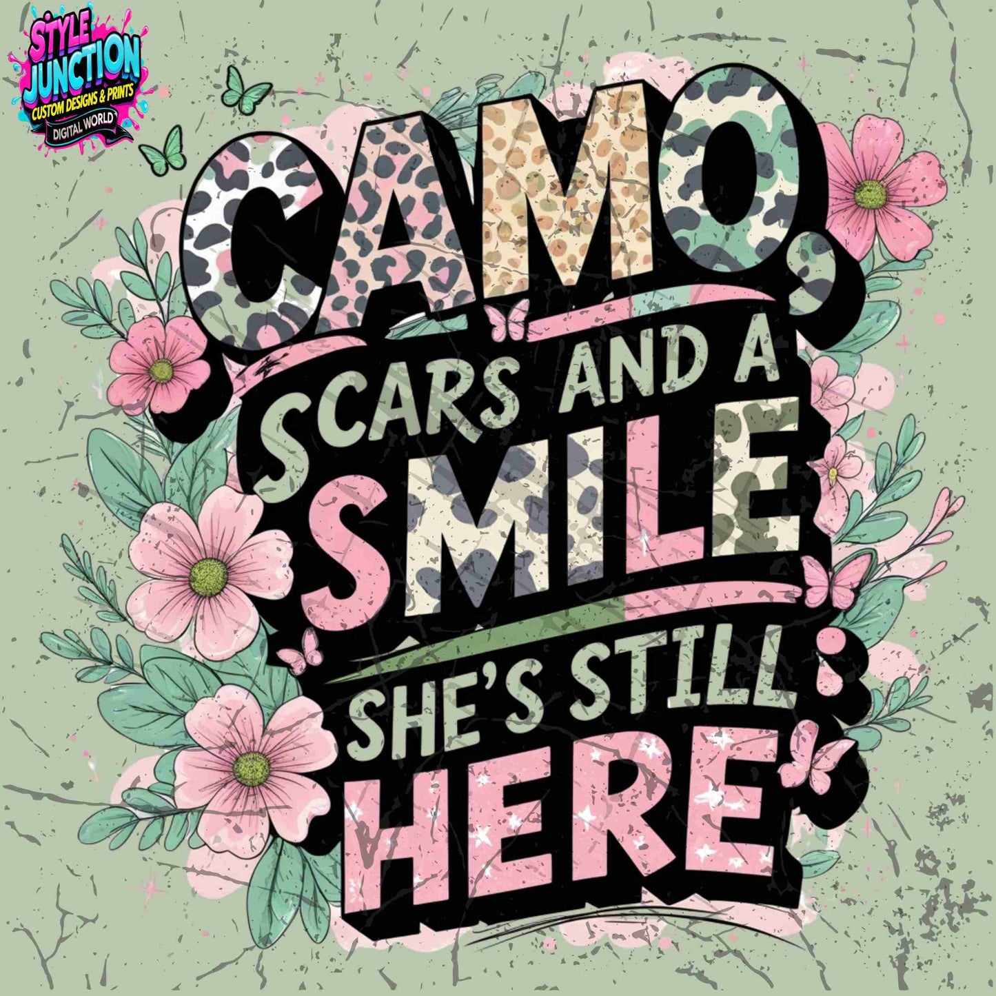 Camo Scars and a Smile PNG | Pastel Animal Print Floral Sublimation Design | High-Res Transparent File for T-Shirts, Mugs, Apparel & More Digital File Style-Junction Custom Designs & Prints