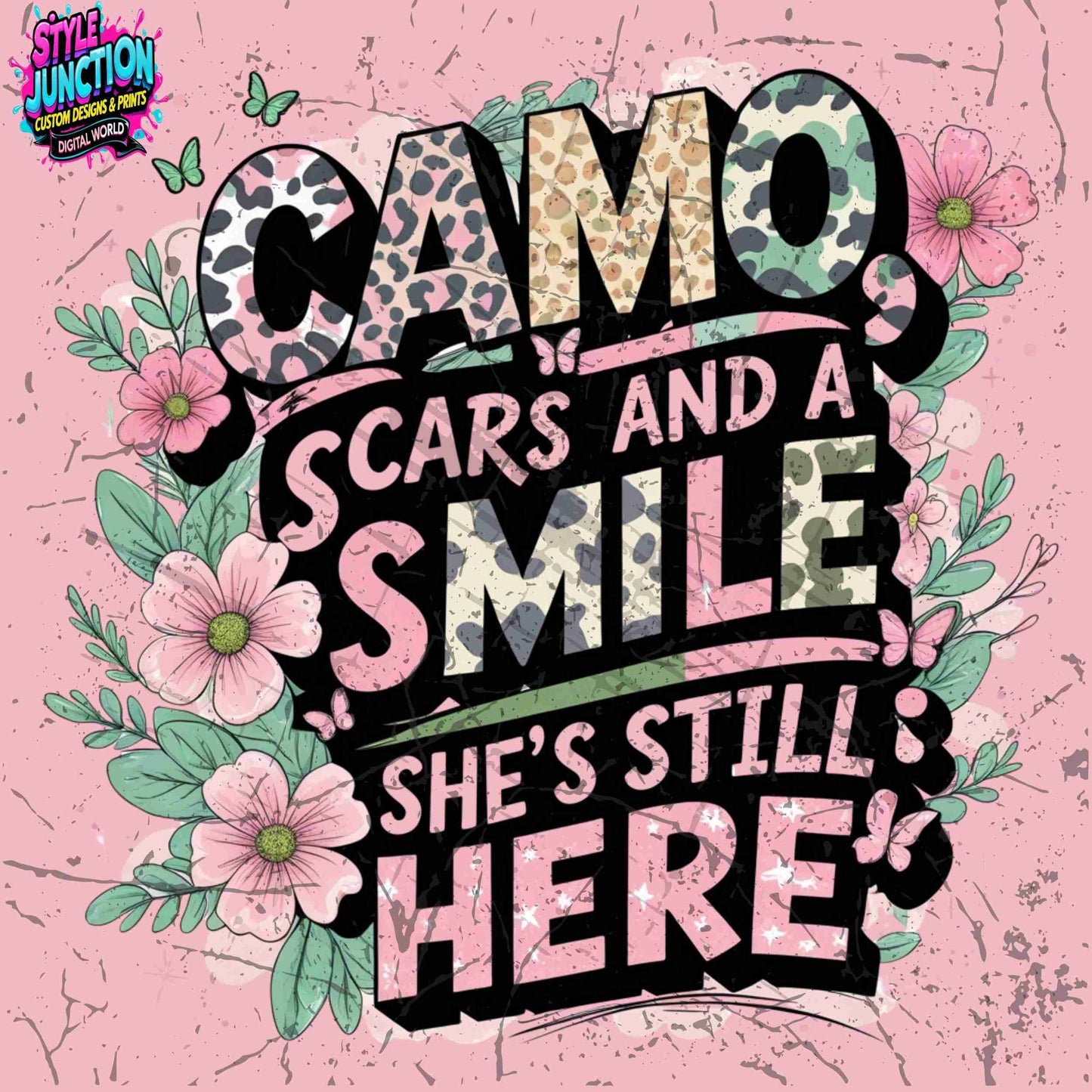 Camo Scars and a Smile PNG | Pastel Animal Print Floral Sublimation Design | High-Res Transparent File for T-Shirts, Mugs, Apparel & More Digital File Style-Junction Custom Designs & Prints