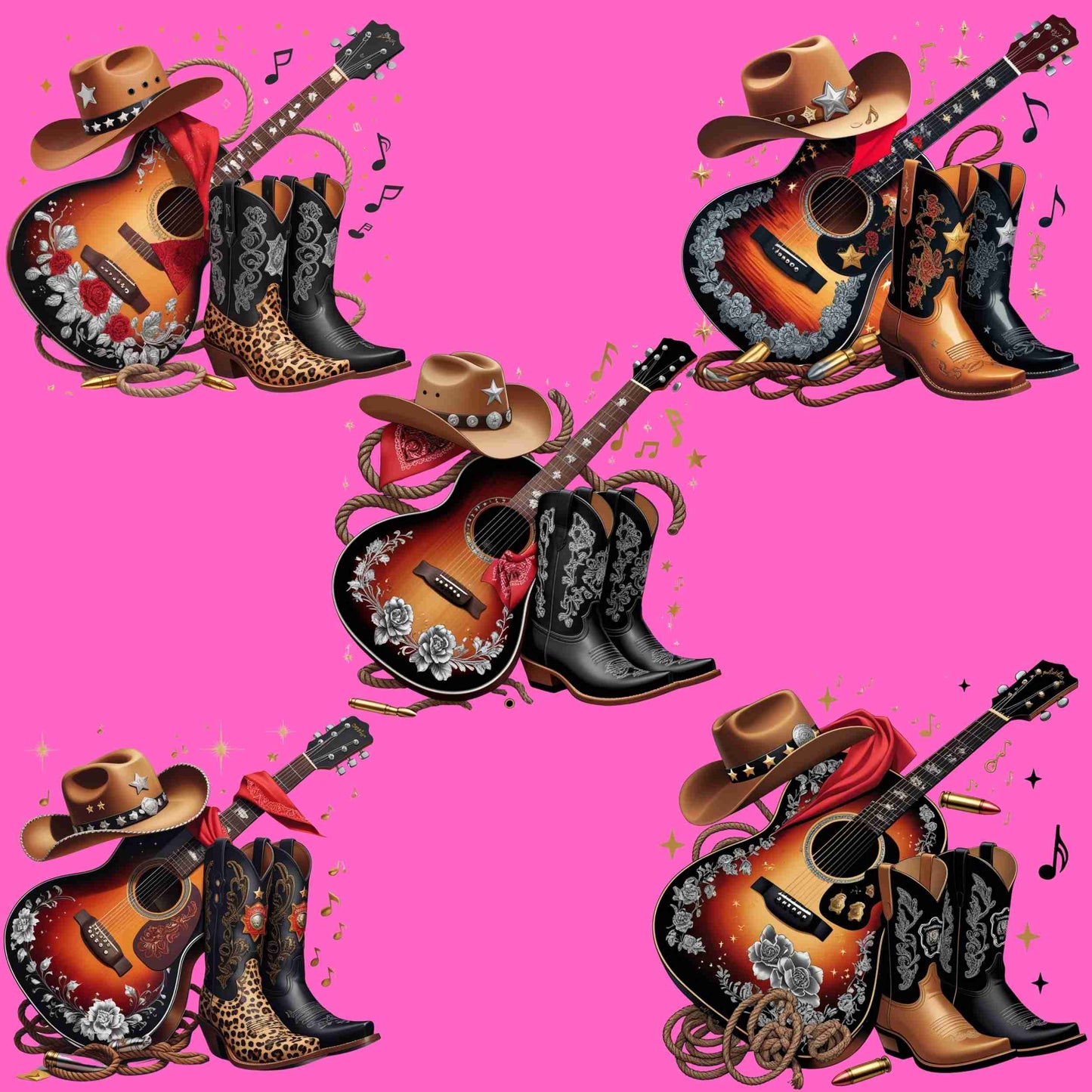 Western Cowgirl Guitar PNG Bundle – 5 High-Res Clipart Files for Sublimation | Transparent Background for T-Shirts, Mugs, Wall Art & More Digital File Style-Junction Custom Designs & Prints