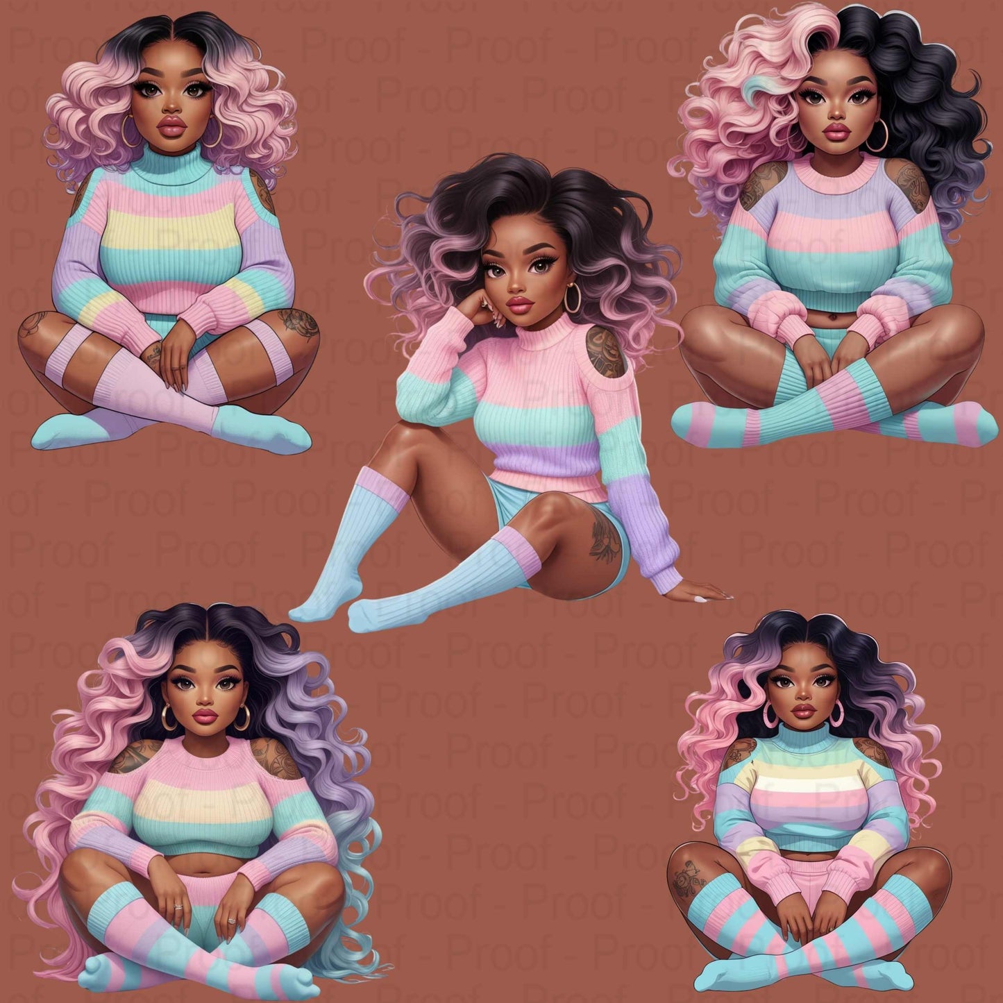 Pastel Candy Vibes Black Girl PNG Bundle – 5 High-Res Transparent Digital Files for Sublimation, T-Shirts, Tote Bags, Mugs, & Wall Art Digital File Style-Junction Custom Designs & Prints