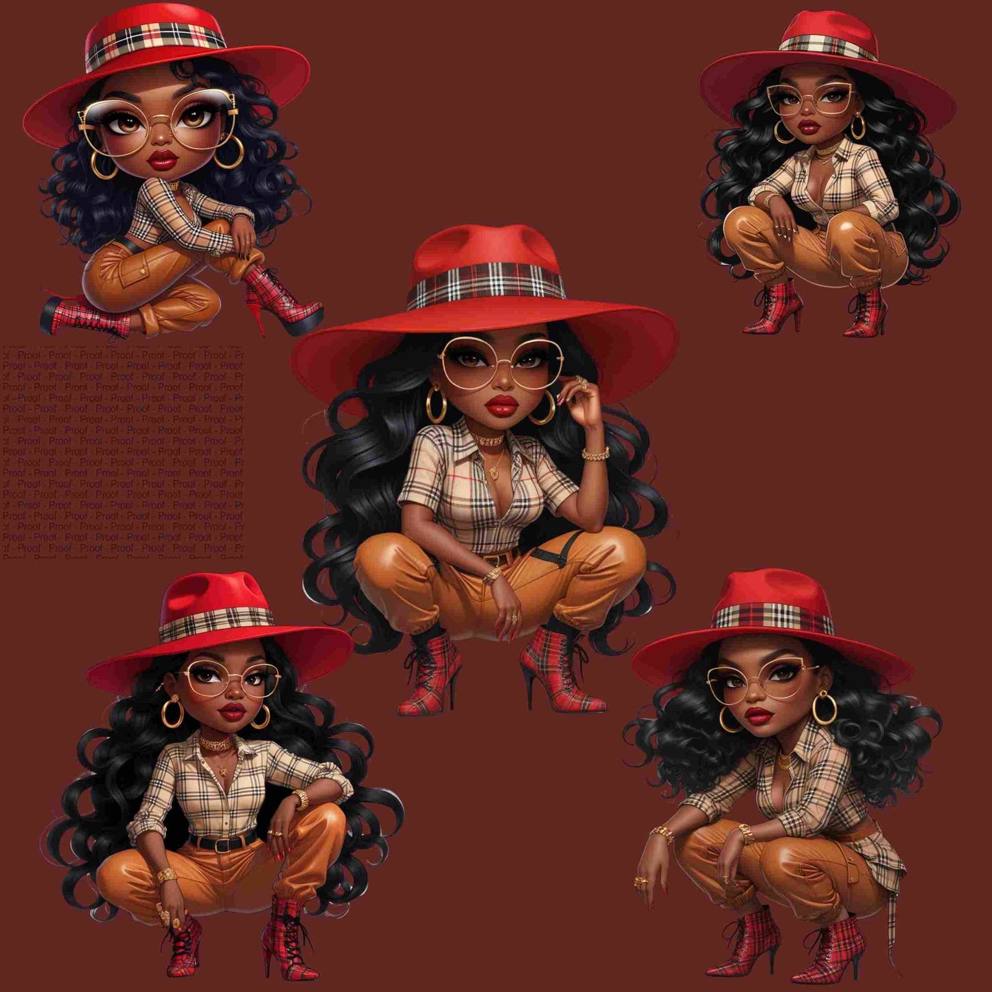 Luxury Plaid Diva PNG Bundle – 5 High-Res Fashion Clipart Files | Black Girl Digital Art for Sublimation, Apparel, Tote Bags Digital File Style-Junction Custom Designs & Prints