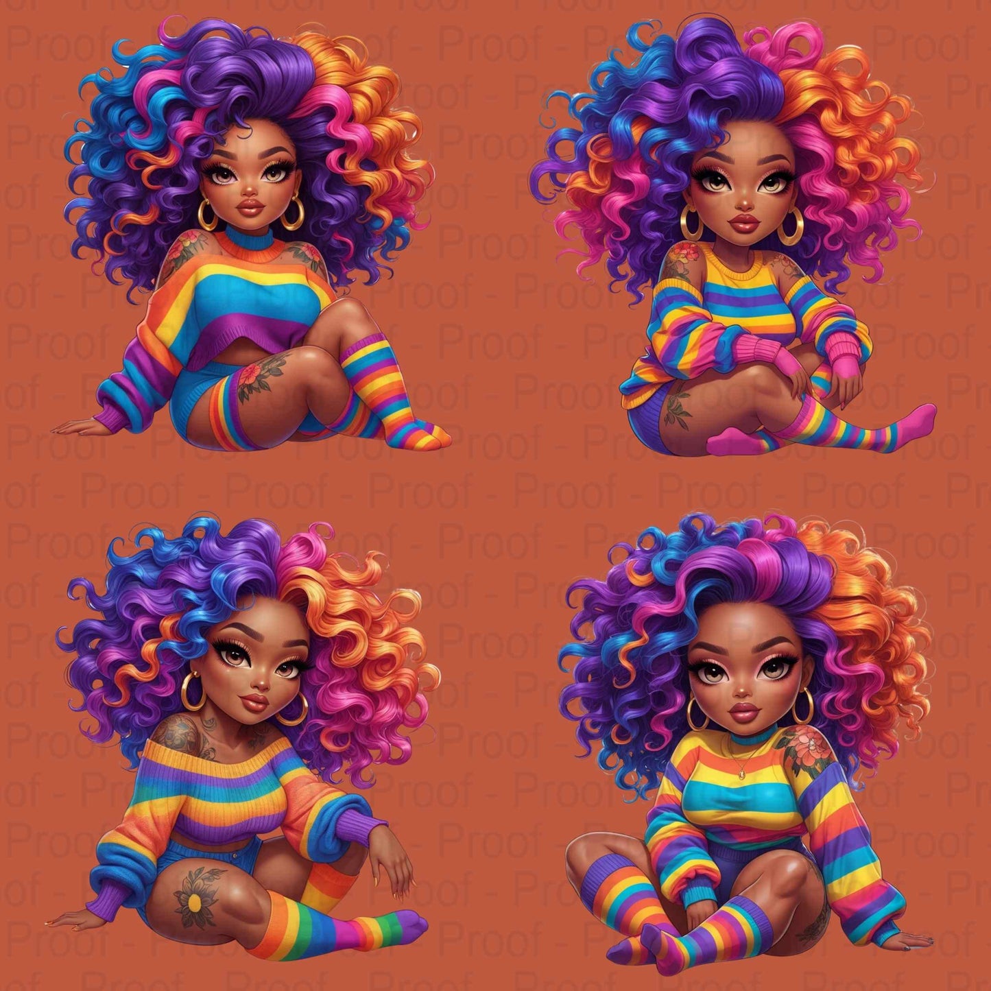 Rainbow Curls & Curves PNG Bundle | 8 Bold Black Women Clipart for Sublimation – High-Res Transparent Files for Shirts, Mugs More Digital File Style-Junction Custom Designs & Prints