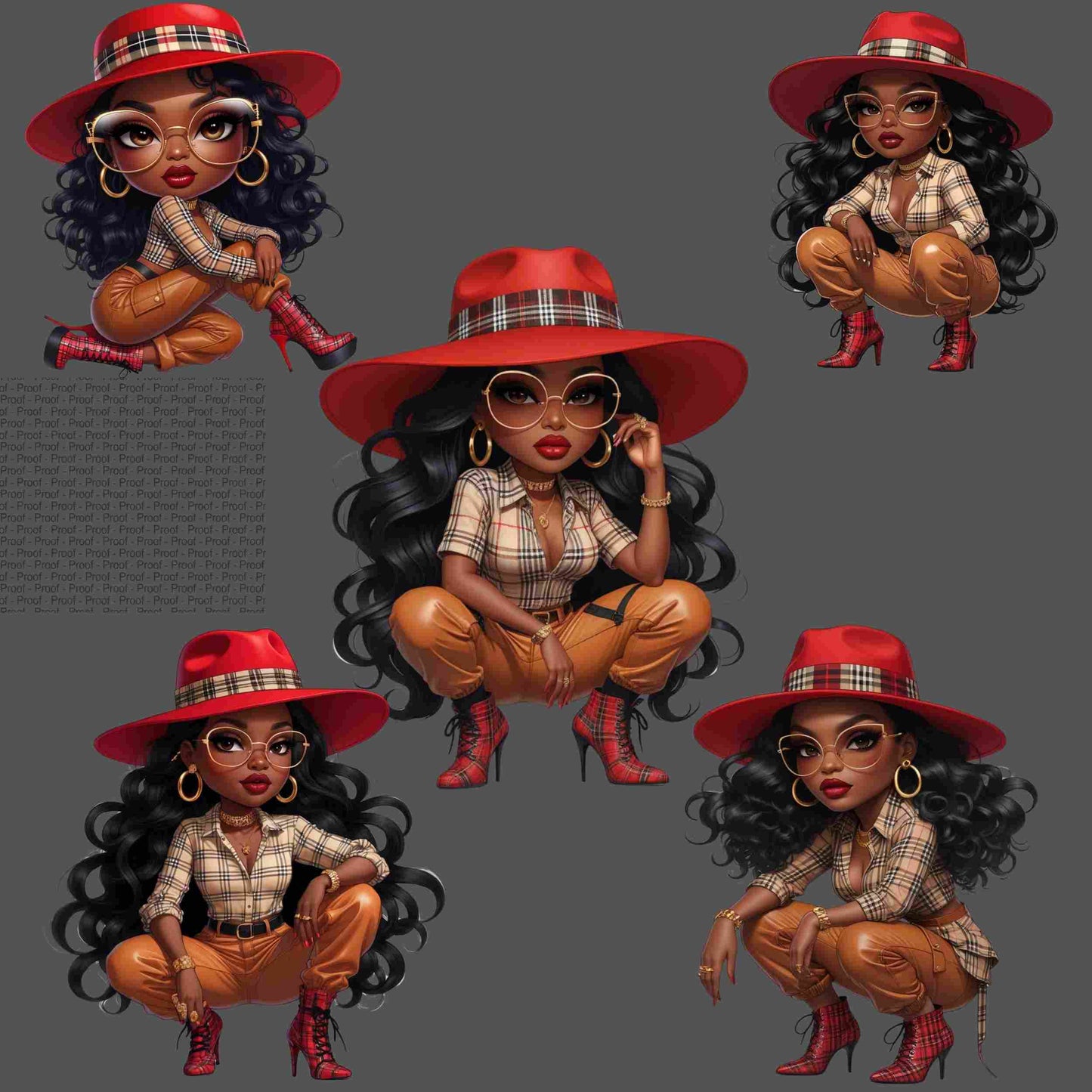 Luxury Plaid Diva PNG Bundle – 5 High-Res Fashion Clipart Files | Black Girl Digital Art for Sublimation, Apparel, Tote Bags Digital File Style-Junction Custom Designs & Prints
