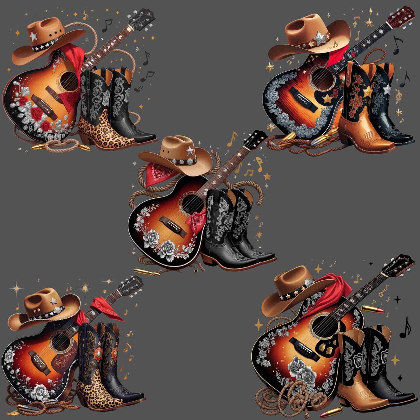 Western Cowgirl Guitar PNG Bundle – 5 High-Res Clipart Files for Sublimation | Transparent Background for T-Shirts, Mugs, Wall Art & More Digital File Style-Junction Custom Designs & Prints