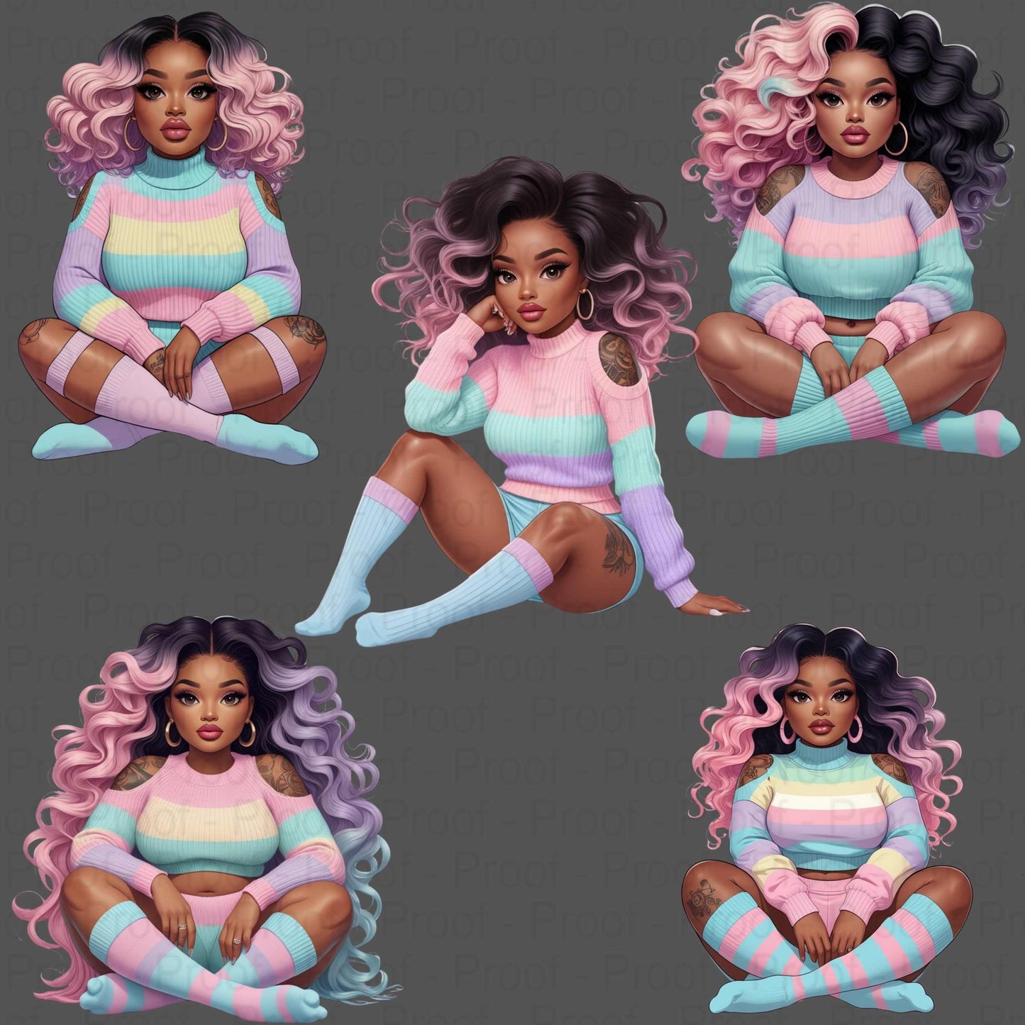 Pastel Candy Vibes Black Girl PNG Bundle – 5 High-Res Transparent Digital Files for Sublimation, T-Shirts, Tote Bags, Mugs, & Wall Art Digital File Style-Junction Custom Designs & Prints