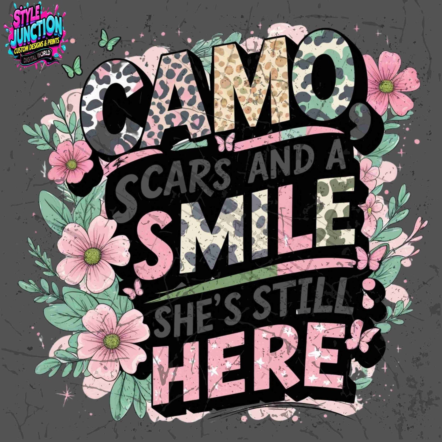 Camo Scars and a Smile PNG | Pastel Animal Print Floral Sublimation Design | High-Res Transparent File for T-Shirts, Mugs, Apparel & More Digital File Style-Junction Custom Designs & Prints