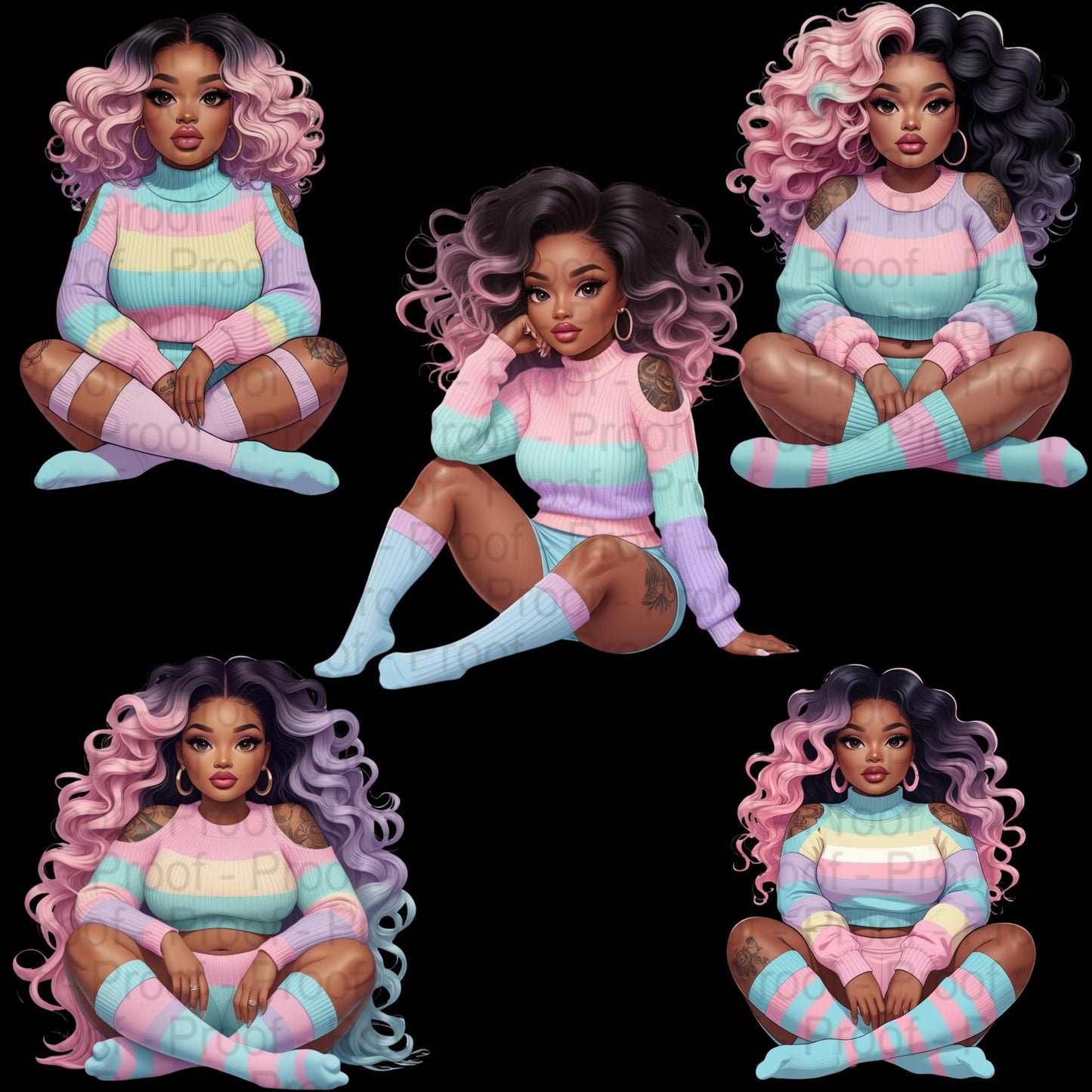 Pastel Candy Vibes Black Girl PNG Bundle – 5 High-Res Transparent Digital Files for Sublimation, T-Shirts, Tote Bags, Mugs, & Wall Art Digital File Style-Junction Custom Designs & Prints