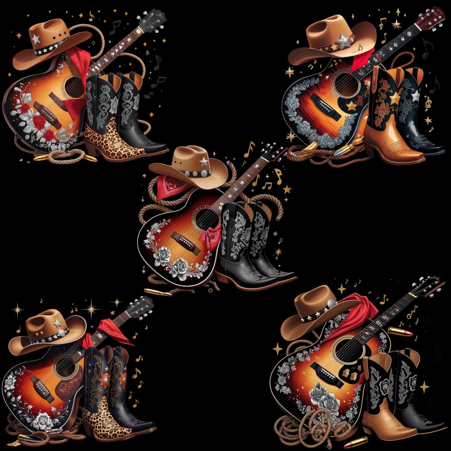 Western Cowgirl Guitar PNG Bundle – 5 High-Res Clipart Files for Sublimation | Transparent Background for T-Shirts, Mugs, Wall Art & More Digital File Style-Junction Custom Designs & Prints
