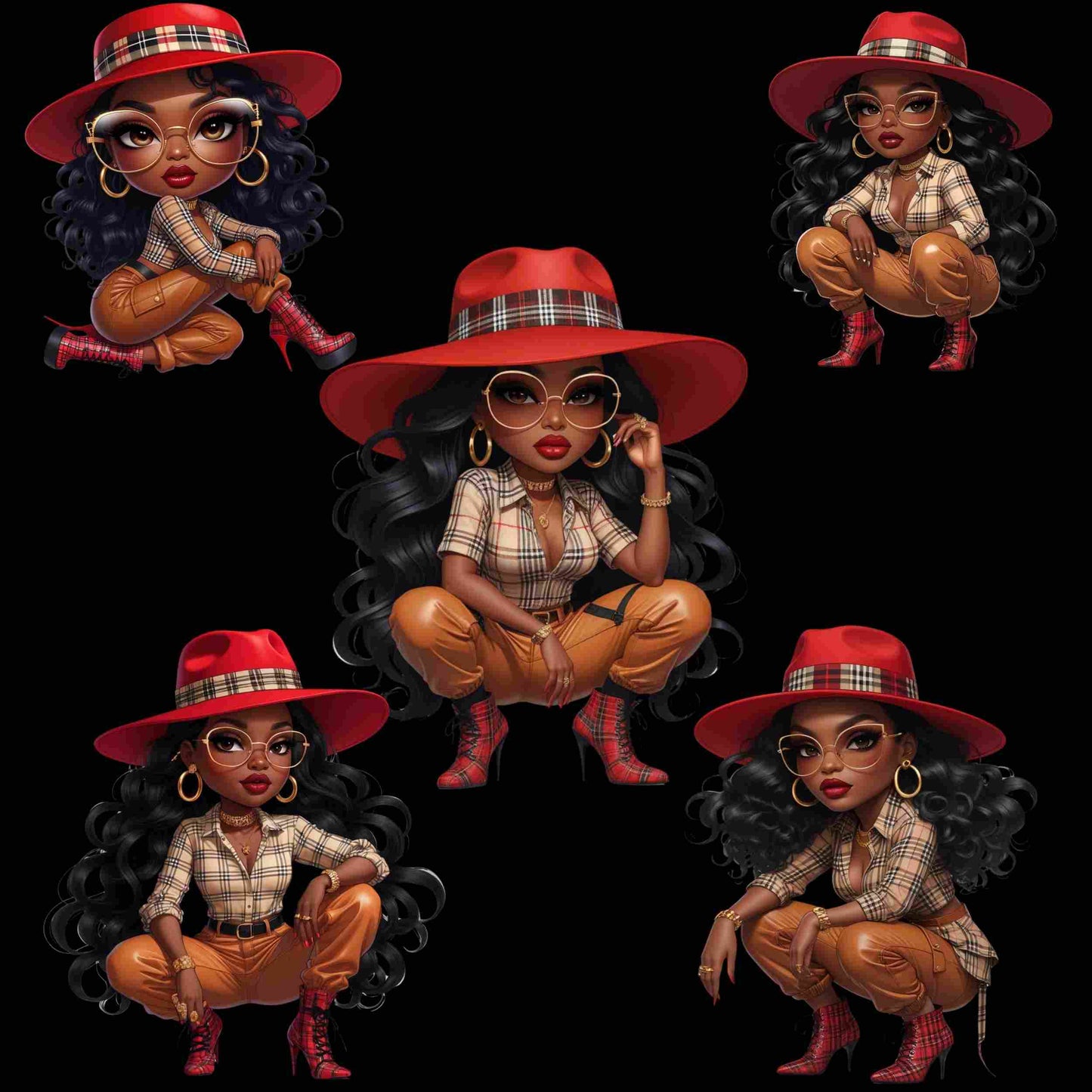 Luxury Plaid Diva PNG Bundle – 5 High-Res Fashion Clipart Files | Black Girl Digital Art for Sublimation, Apparel, Tote Bags Digital File Style-Junction Custom Designs & Prints
