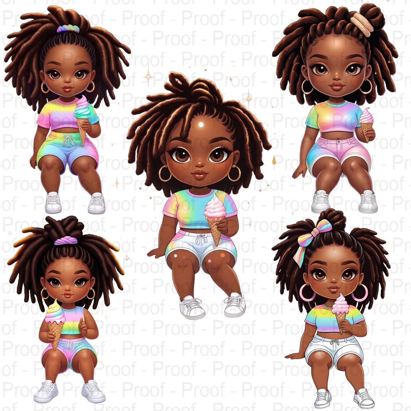 Curly Black Girl Clipart PNG Bundle | Sitting Pose Ice Cream Art | High-Res Transparent Files for Sublimation T-Shirts Mugs & More Digital File Style-Junction Custom Designs & Prints