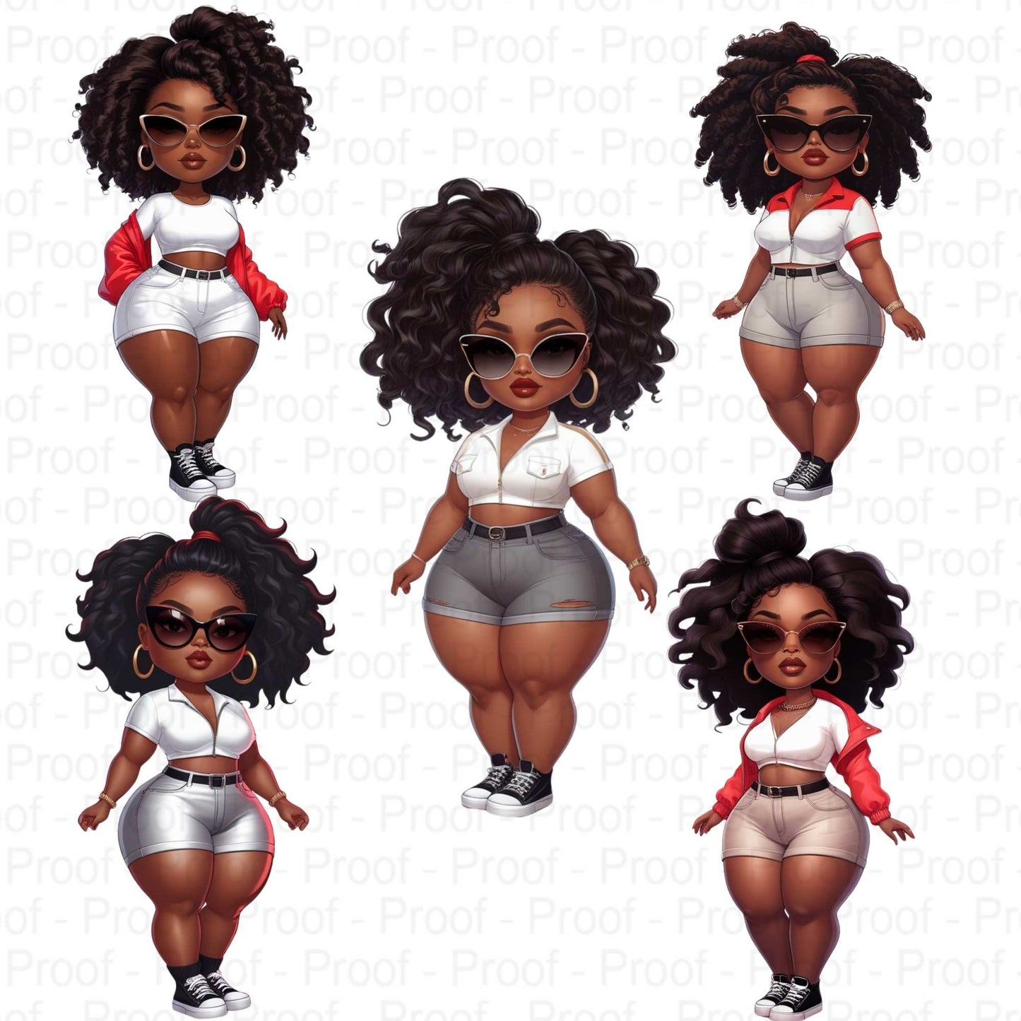 Curvy Black Girl Power Pose Clipart Bundle | Bold Sunglasses Fashion Illustrations | High-Res Transparent PNGs for DTF & Sublimation Digital File Style-Junction Custom Designs & Prints