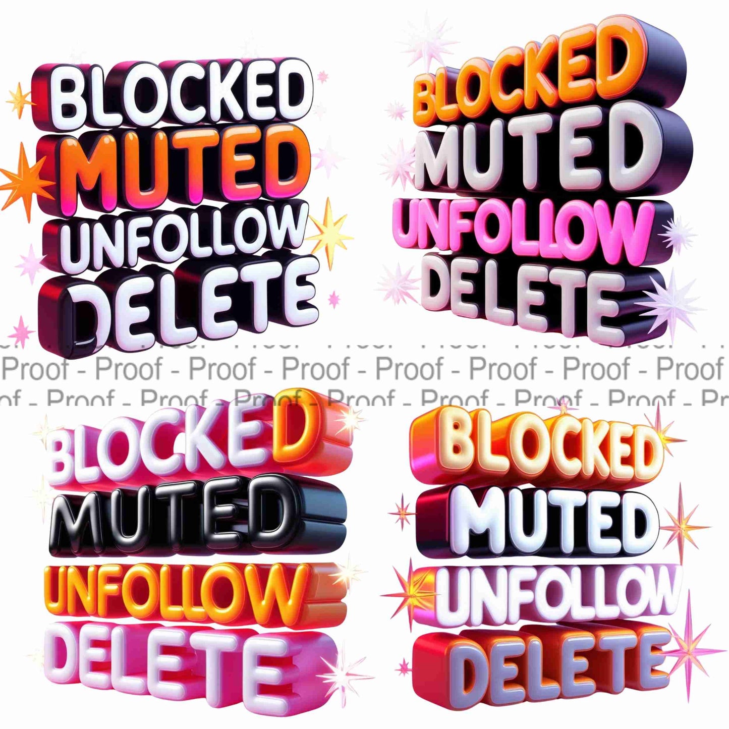 Bold 3D Block Letter PNG Bundle | “Blocked Muted Unfollow Delete” Transparent Sublimation Graphics for Shirts, Mugs & Wall Art Digital File Style-Junction Custom Designs & Prints
