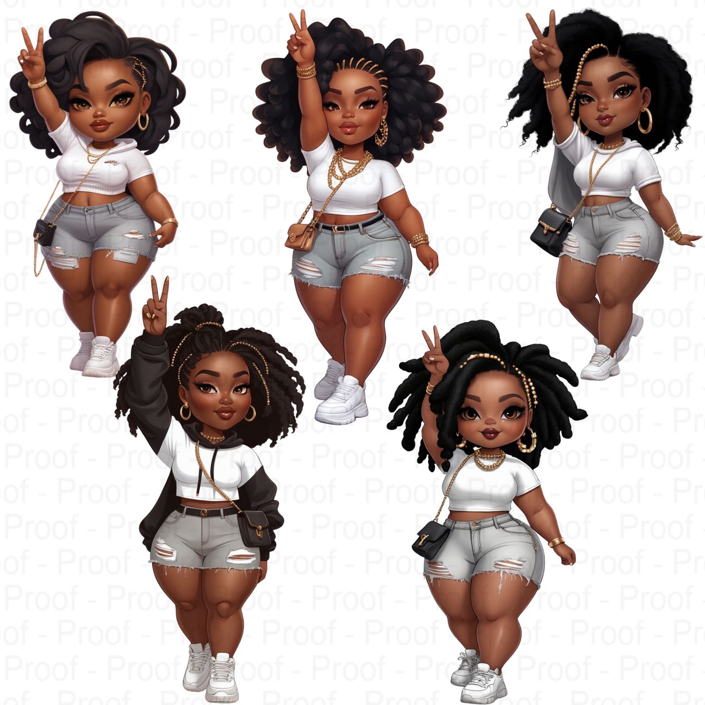 Peace Sign Pose Curvy Black Girl Clipart PNG Bundle | Street Style Fashion | High-Res 300 DPI Transparent Files for Sublimation & Merch Digital File Style-Junction Custom Designs & Prints