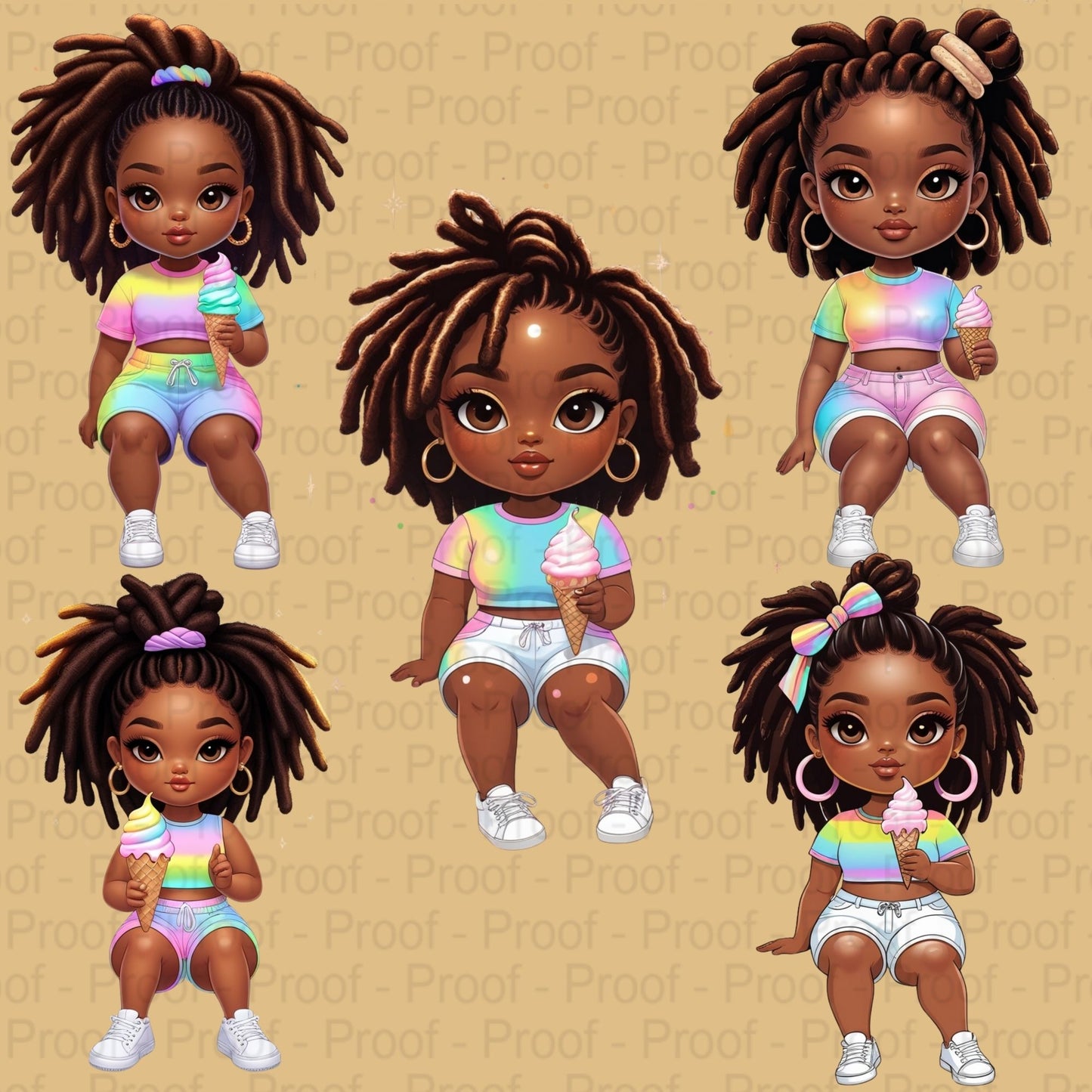 Curly Black Girl Clipart PNG Bundle | Sitting Pose Ice Cream Art | High-Res Transparent Files for Sublimation T-Shirts Mugs & More Digital File Style-Junction Custom Designs & Prints