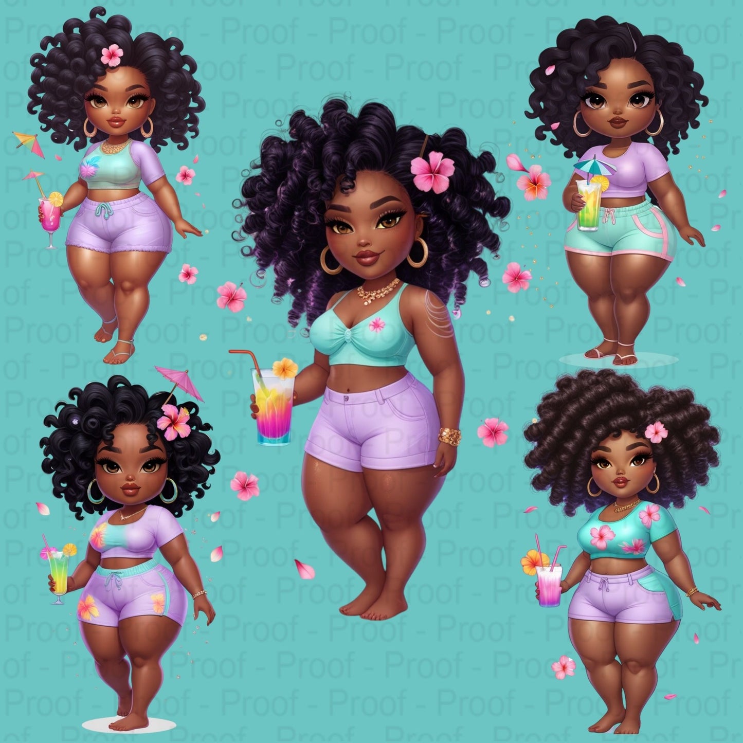 Tropical Curvy Black Girl PNG Clipart Bundle – 5 High-Res Transparent Files for Sublimation, T-Shirts, Mugs, Wall Art & More Digital File Style-Junction Custom Designs & Prints