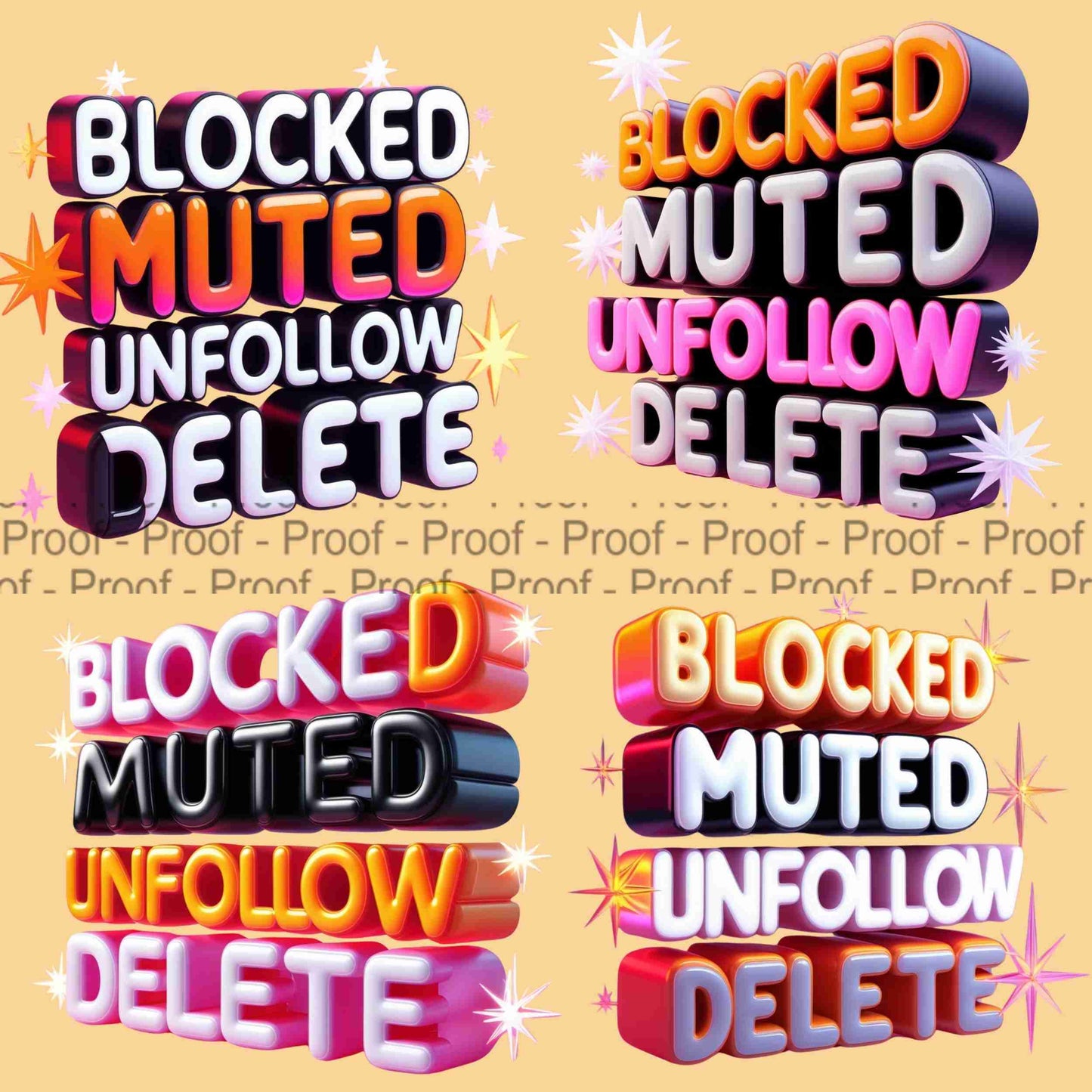 Bold 3D Block Letter PNG Bundle | “Blocked Muted Unfollow Delete” Transparent Sublimation Graphics for Shirts, Mugs & Wall Art Digital File Style-Junction Custom Designs & Prints