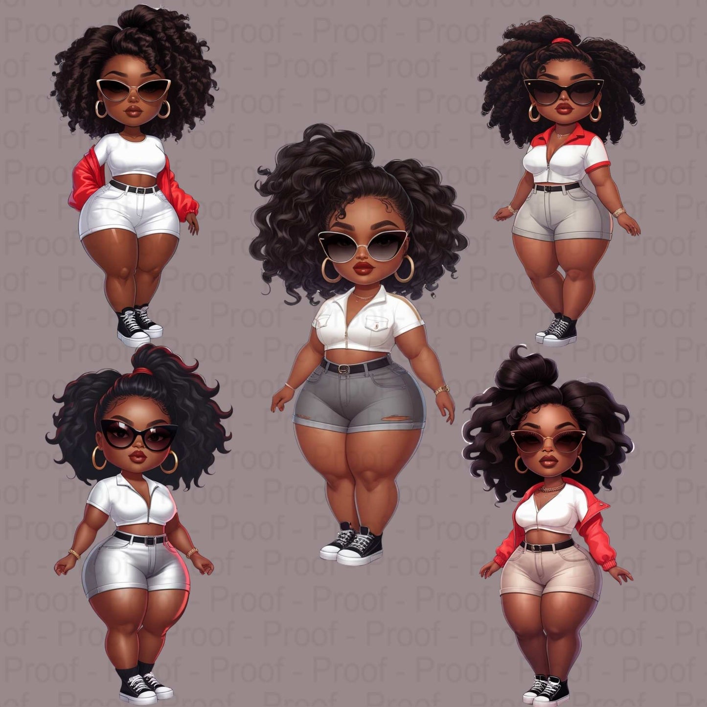 Curvy Black Girl Power Pose Clipart Bundle | Bold Sunglasses Fashion Illustrations | High-Res Transparent PNGs for DTF & Sublimation Digital File Style-Junction Custom Designs & Prints