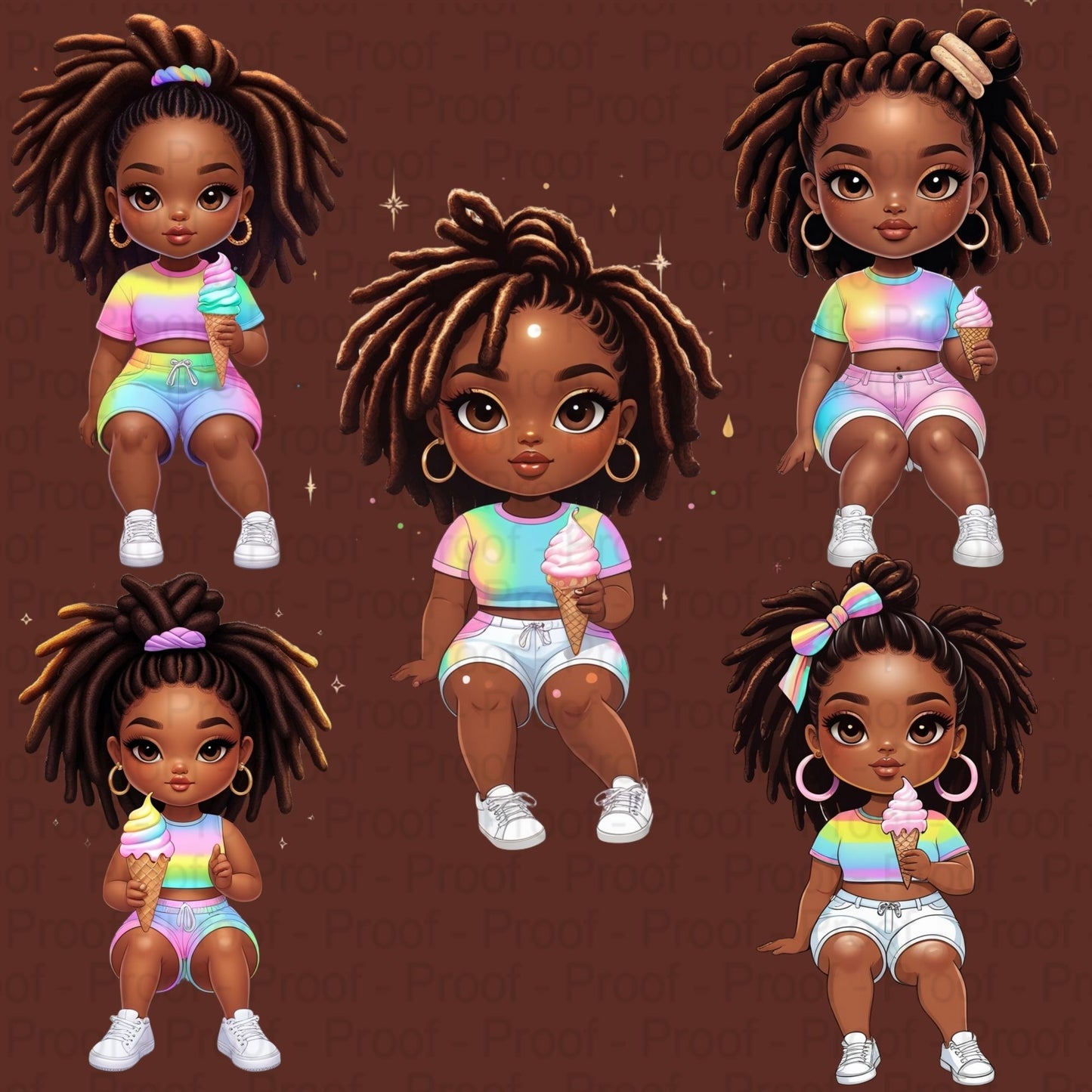 Curly Black Girl Clipart PNG Bundle | Sitting Pose Ice Cream Art | High-Res Transparent Files for Sublimation T-Shirts Mugs & More Digital File Style-Junction Custom Designs & Prints
