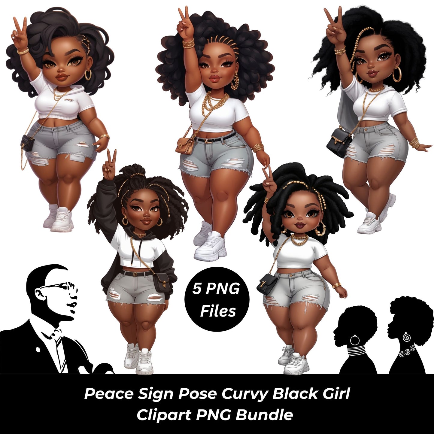 Peace Sign Pose Curvy Black Girl Clipart PNG Bundle | Street Style Fashion | High-Res 300 DPI Transparent Files for Sublimation & Merch Digital File Style-Junction Custom Designs & Prints