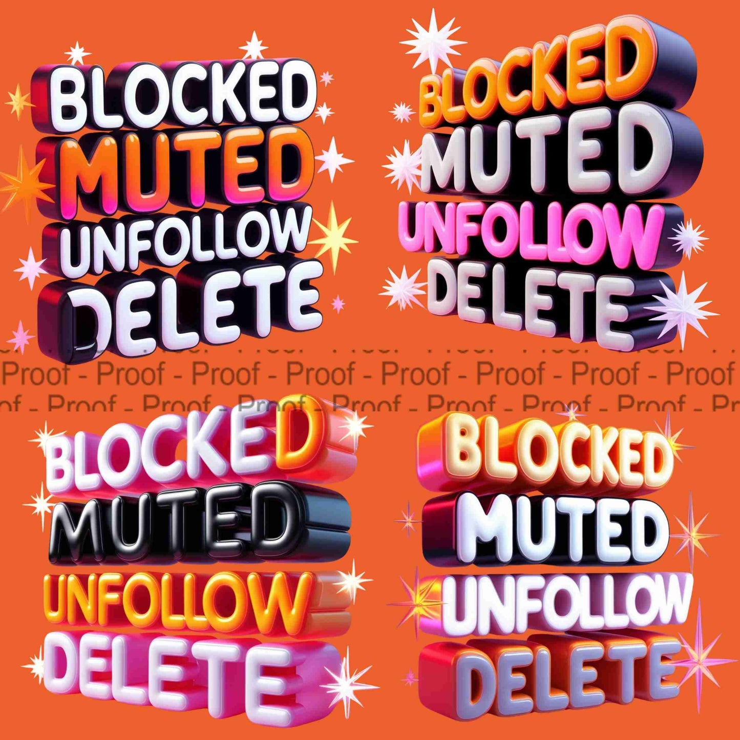 Bold 3D Block Letter PNG Bundle | “Blocked Muted Unfollow Delete” Transparent Sublimation Graphics for Shirts, Mugs & Wall Art Digital File Style-Junction Custom Designs & Prints