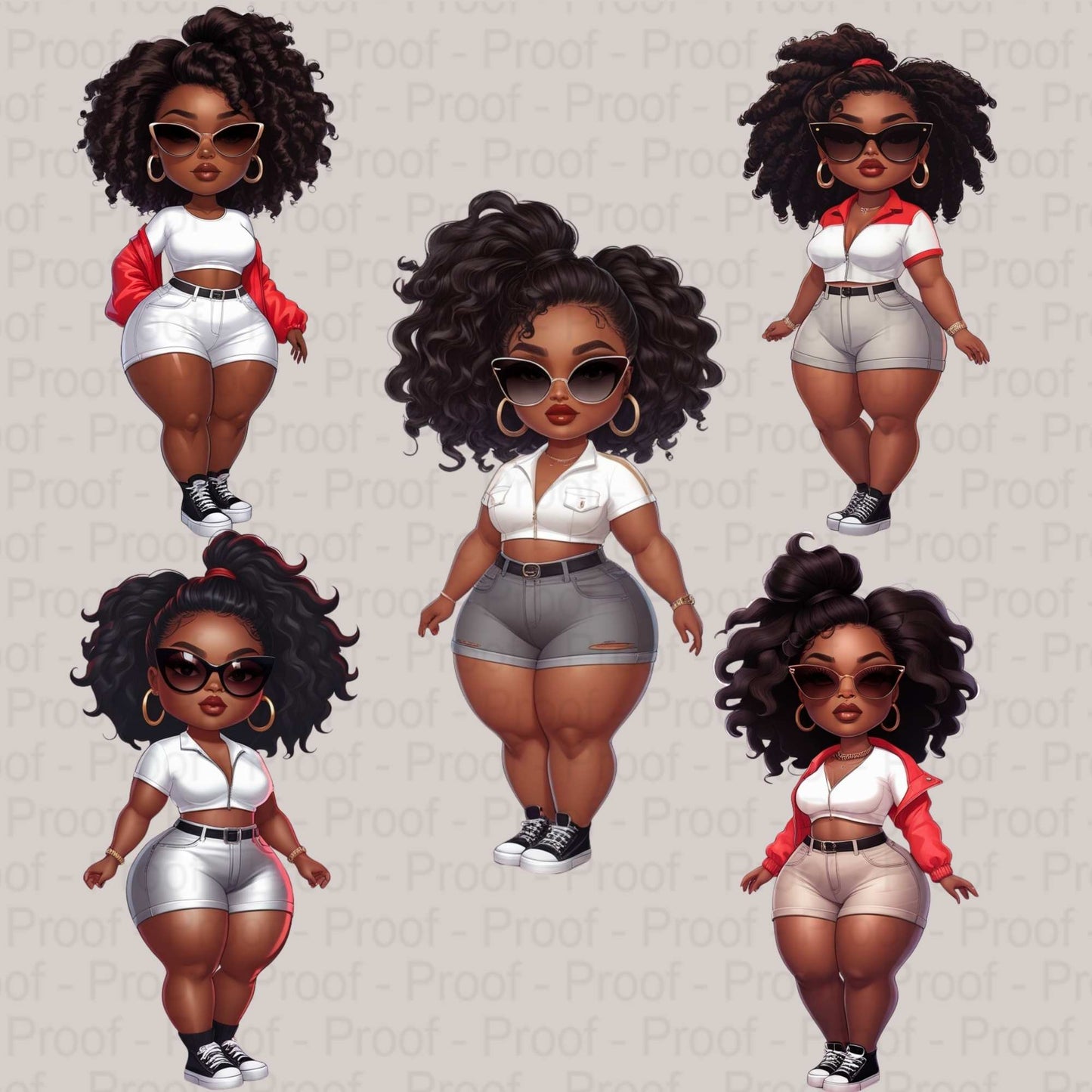 Curvy Black Girl Power Pose Clipart Bundle | Bold Sunglasses Fashion Illustrations | High-Res Transparent PNGs for DTF & Sublimation Digital File Style-Junction Custom Designs & Prints