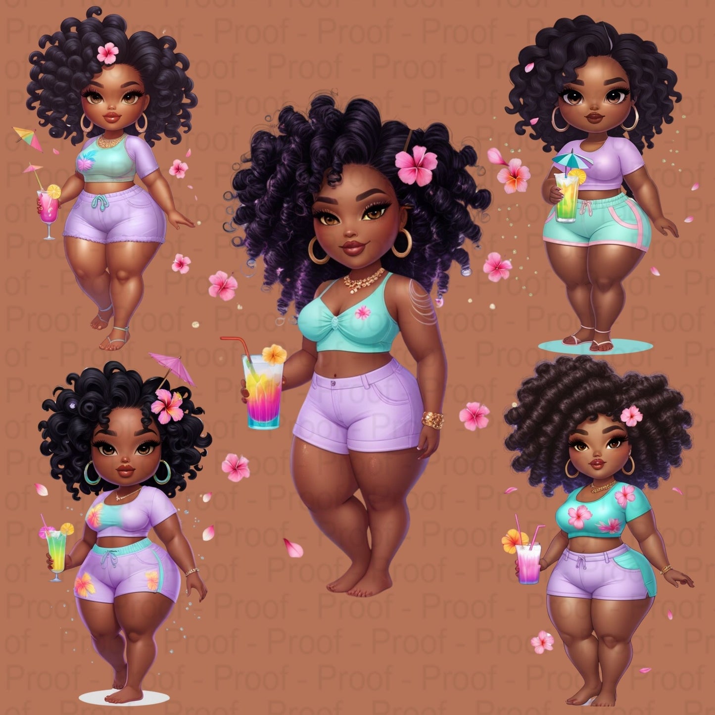 Tropical Curvy Black Girl PNG Clipart Bundle – 5 High-Res Transparent Files for Sublimation, T-Shirts, Mugs, Wall Art & More Digital File Style-Junction Custom Designs & Prints