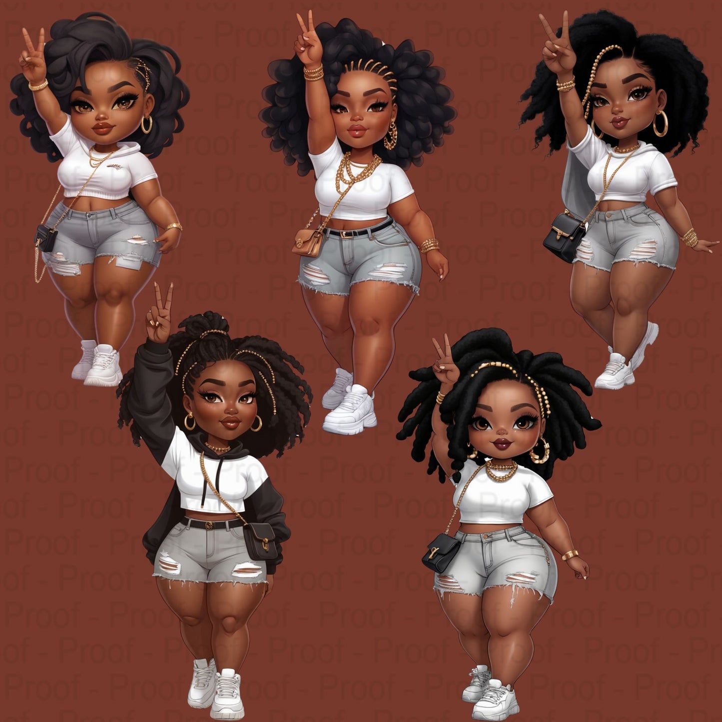 Peace Sign Pose Curvy Black Girl Clipart PNG Bundle | Street Style Fashion | High-Res 300 DPI Transparent Files for Sublimation & Merch Digital File Style-Junction Custom Designs & Prints