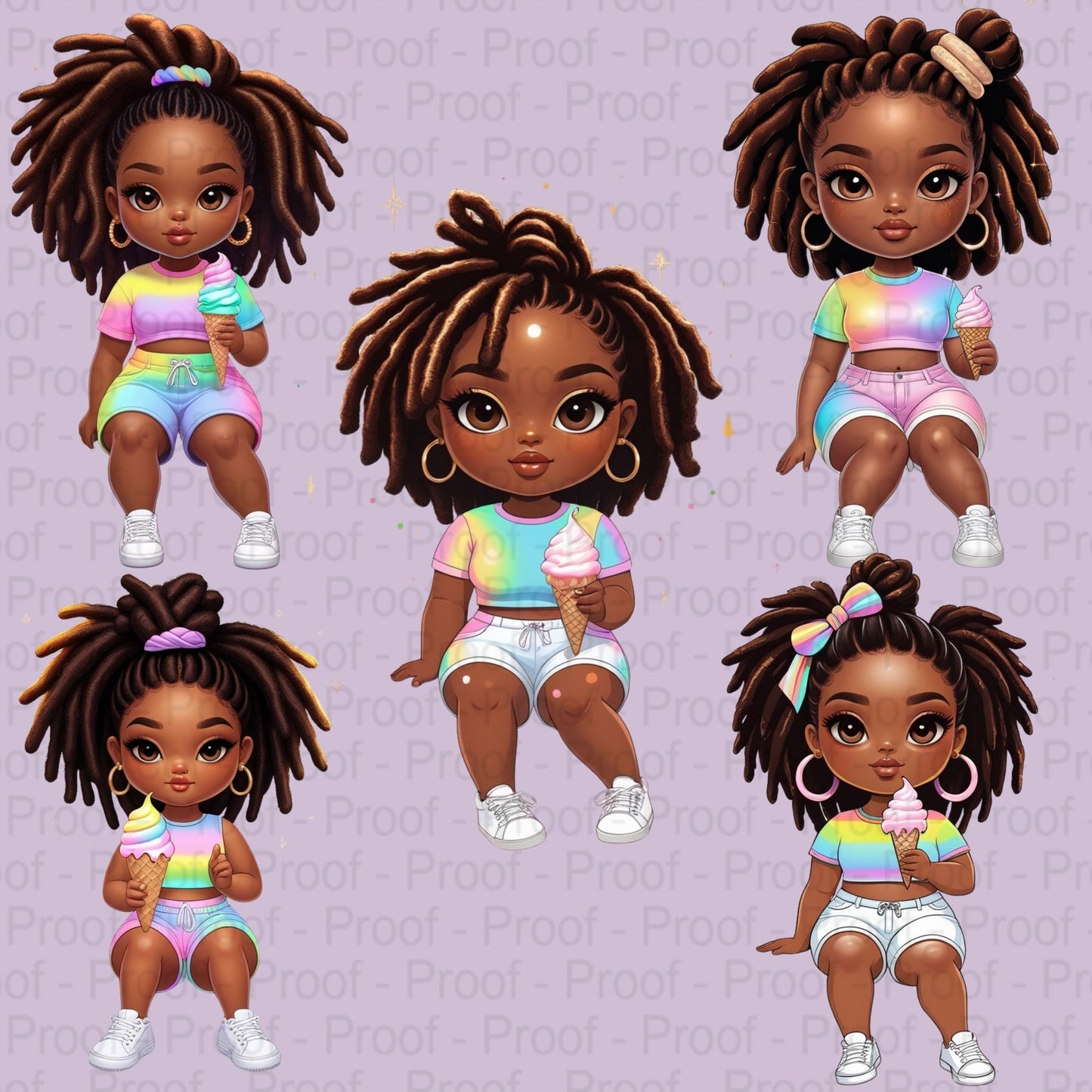 Curly Black Girl Clipart PNG Bundle | Sitting Pose Ice Cream Art | High-Res Transparent Files for Sublimation T-Shirts Mugs & More Digital File Style-Junction Custom Designs & Prints