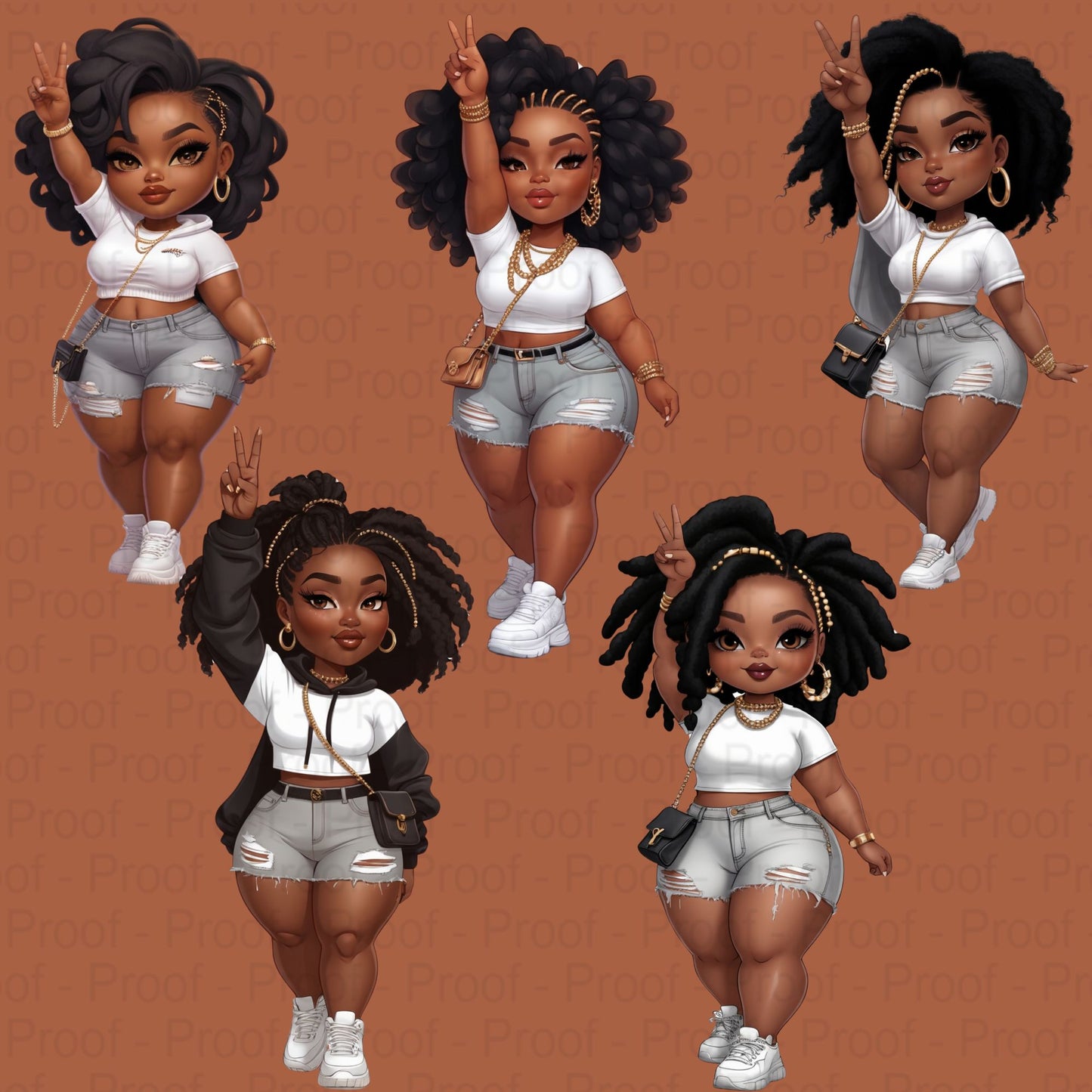 Peace Sign Pose Curvy Black Girl Clipart PNG Bundle | Street Style Fashion | High-Res 300 DPI Transparent Files for Sublimation & Merch Digital File Style-Junction Custom Designs & Prints