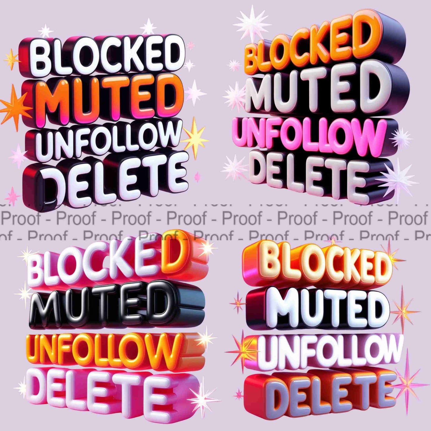 Bold 3D Block Letter PNG Bundle | “Blocked Muted Unfollow Delete” Transparent Sublimation Graphics for Shirts, Mugs & Wall Art Digital File Style-Junction Custom Designs & Prints