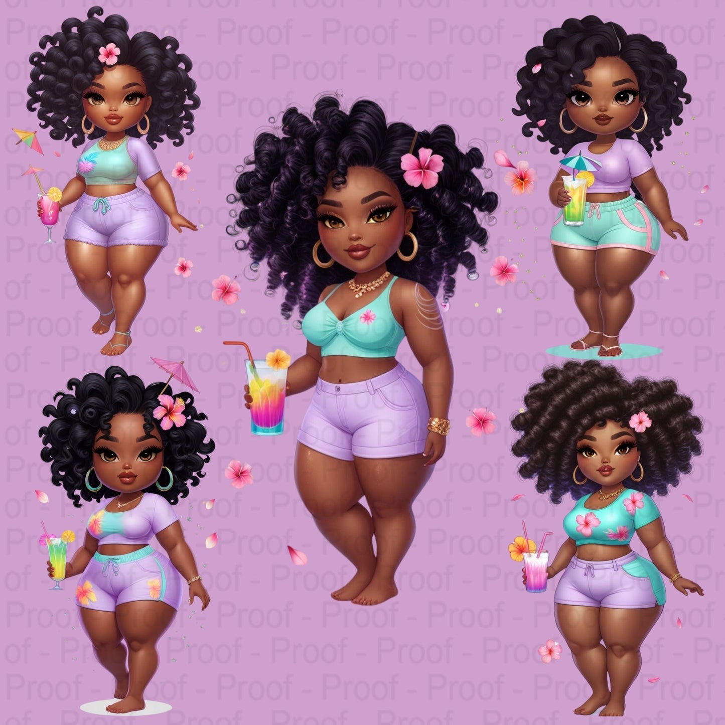 Tropical Curvy Black Girl PNG Clipart Bundle – 5 High-Res Transparent Files for Sublimation, T-Shirts, Mugs, Wall Art & More Digital File Style-Junction Custom Designs & Prints