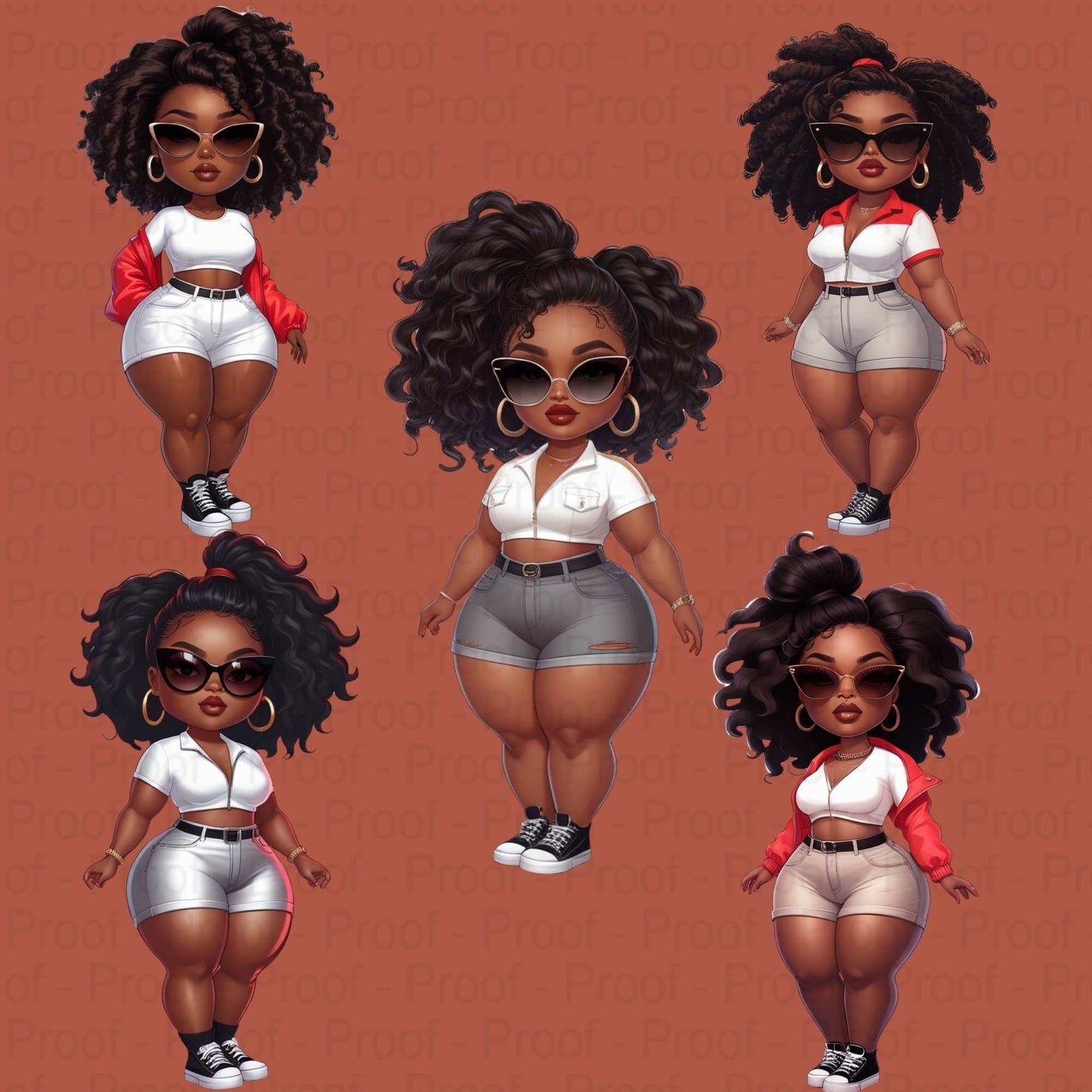 Curvy Black Girl Power Pose Clipart Bundle | Bold Sunglasses Fashion Illustrations | High-Res Transparent PNGs for DTF & Sublimation Digital File Style-Junction Custom Designs & Prints