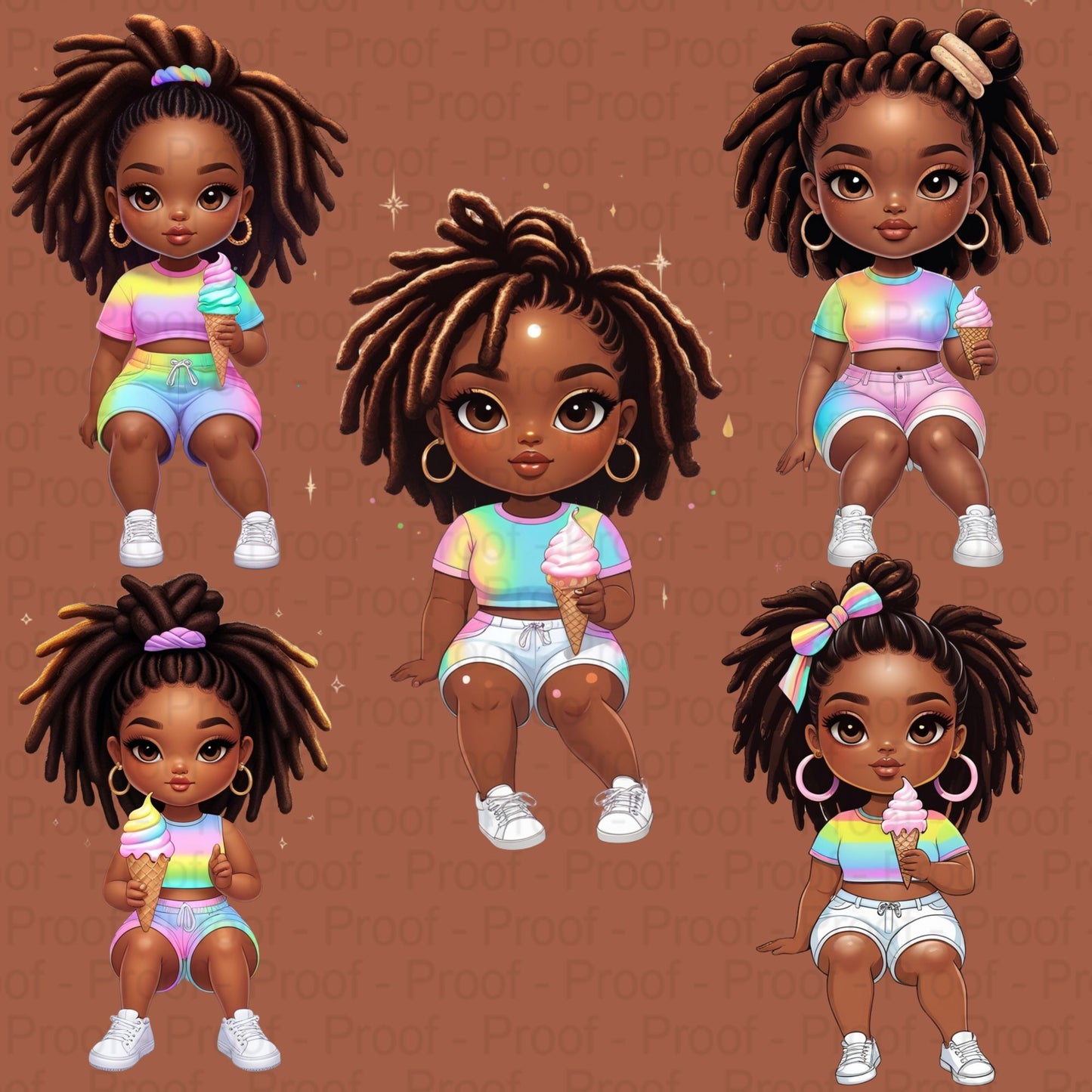 Curly Black Girl Clipart PNG Bundle | Sitting Pose Ice Cream Art | High-Res Transparent Files for Sublimation T-Shirts Mugs & More Digital File Style-Junction Custom Designs & Prints