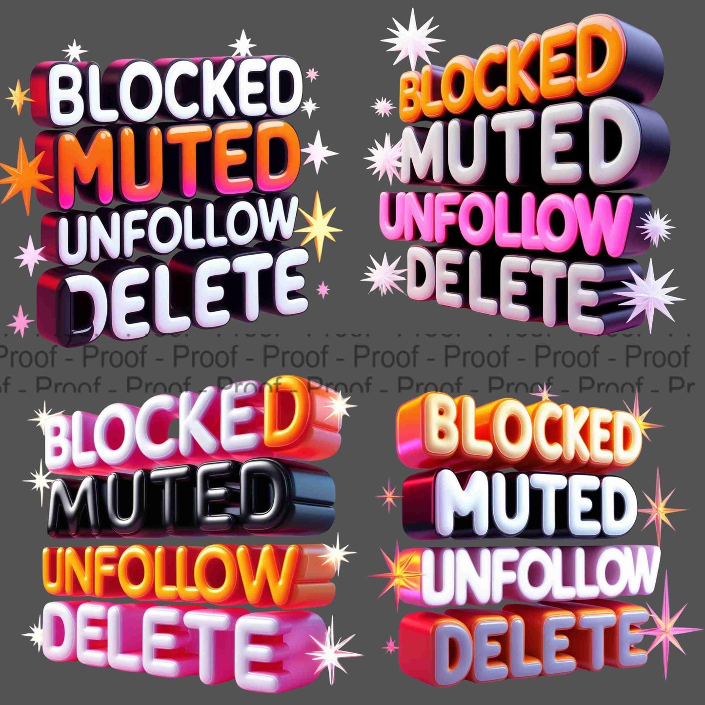 Bold 3D Block Letter PNG Bundle | “Blocked Muted Unfollow Delete” Transparent Sublimation Graphics for Shirts, Mugs & Wall Art Digital File Style-Junction Custom Designs & Prints